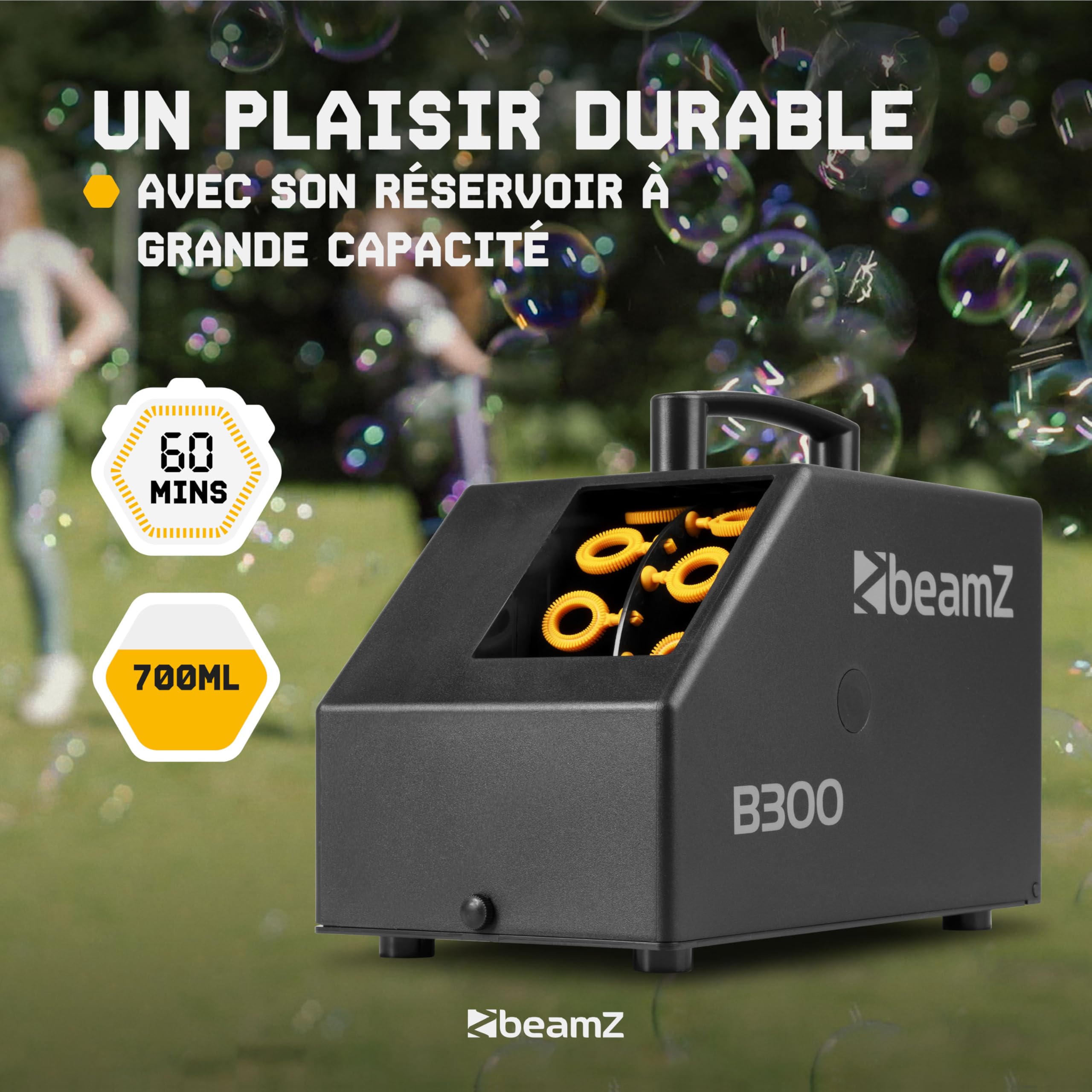 BeamZ B300 Pack Machine à Bulles Enfant/Mariage/Anniversaire avec 5L de Liquide - Double Roue, Facile à Transporter, Télécommande, Réservoir 700mL, Idéale pour Les Fêtes en Extérieur