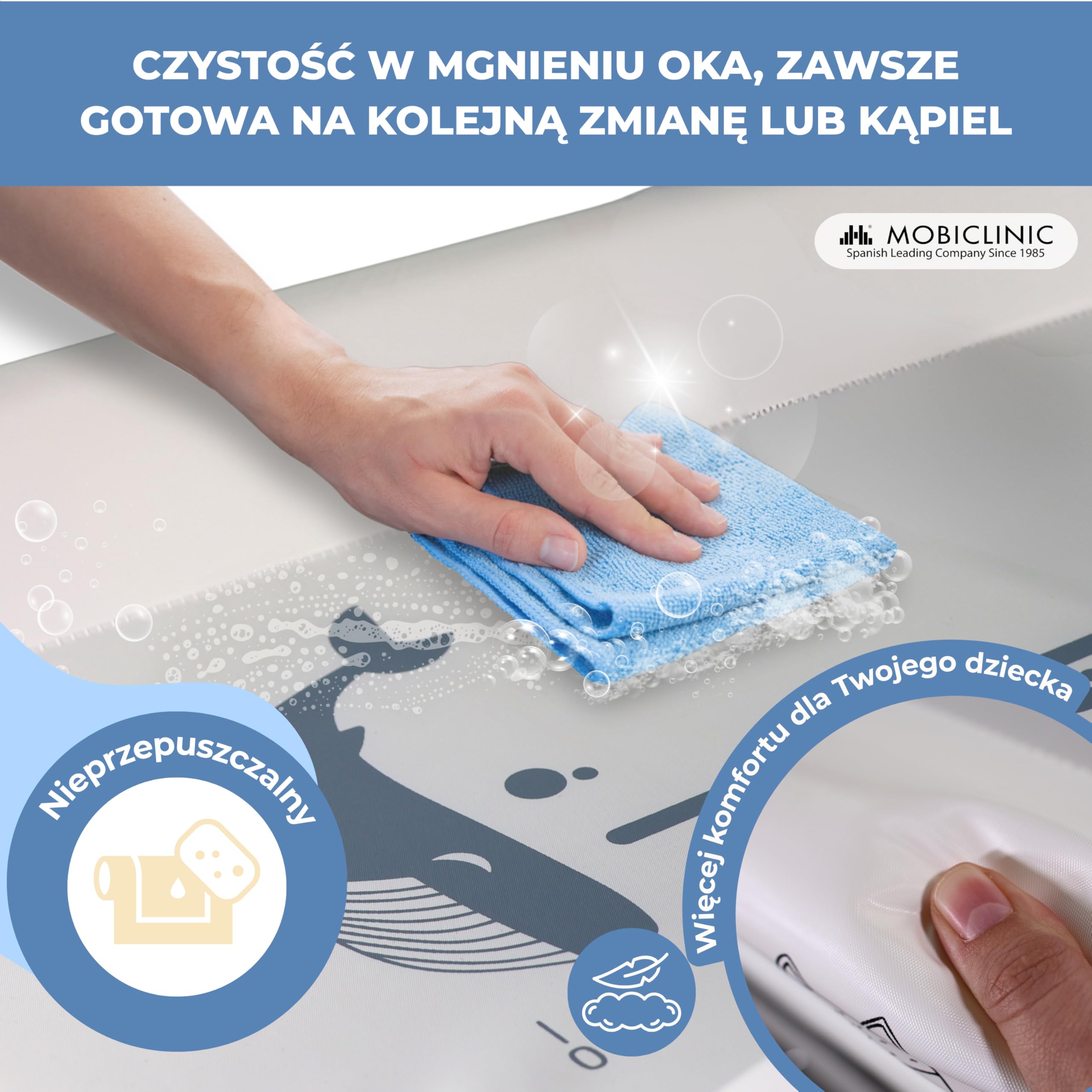Mobiclinic®, Rzewijak dla niemowląt 2 w 1 z wanienką, Trendy, 4 regulacje wysokości, Termometr, Kółka hamulcem, Koszyk do przechowywania, 50 kg, Rurka odpływowa, 0-36 miesięcy