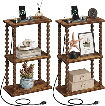 ELYKEN Side Table with Charging Station, Set of 2 Small End Tables Living Room with USB Port and Outlet, 3-Tier Narrow Bedside Table Nightstands for Bedroom, Rustic Brown