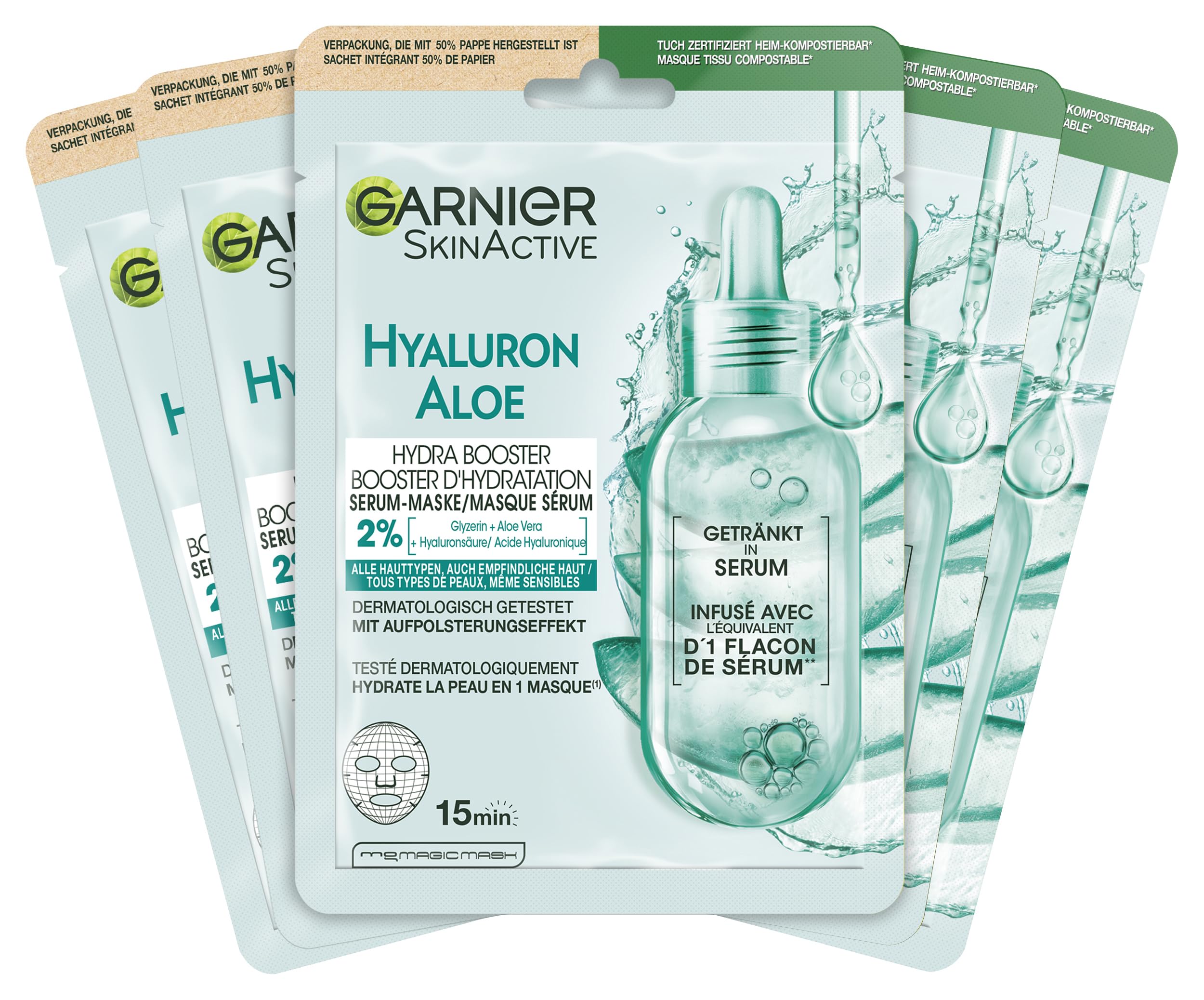 Garnier Zestaw maseczek z chusteczkami do serum, Aloe Vera do wszystkich rodzajów skóry, odświeżające i nawilżające, z kwasem hialuronowym, aloesem i gliceryną, SkinActive, Aloe Hydra Booster