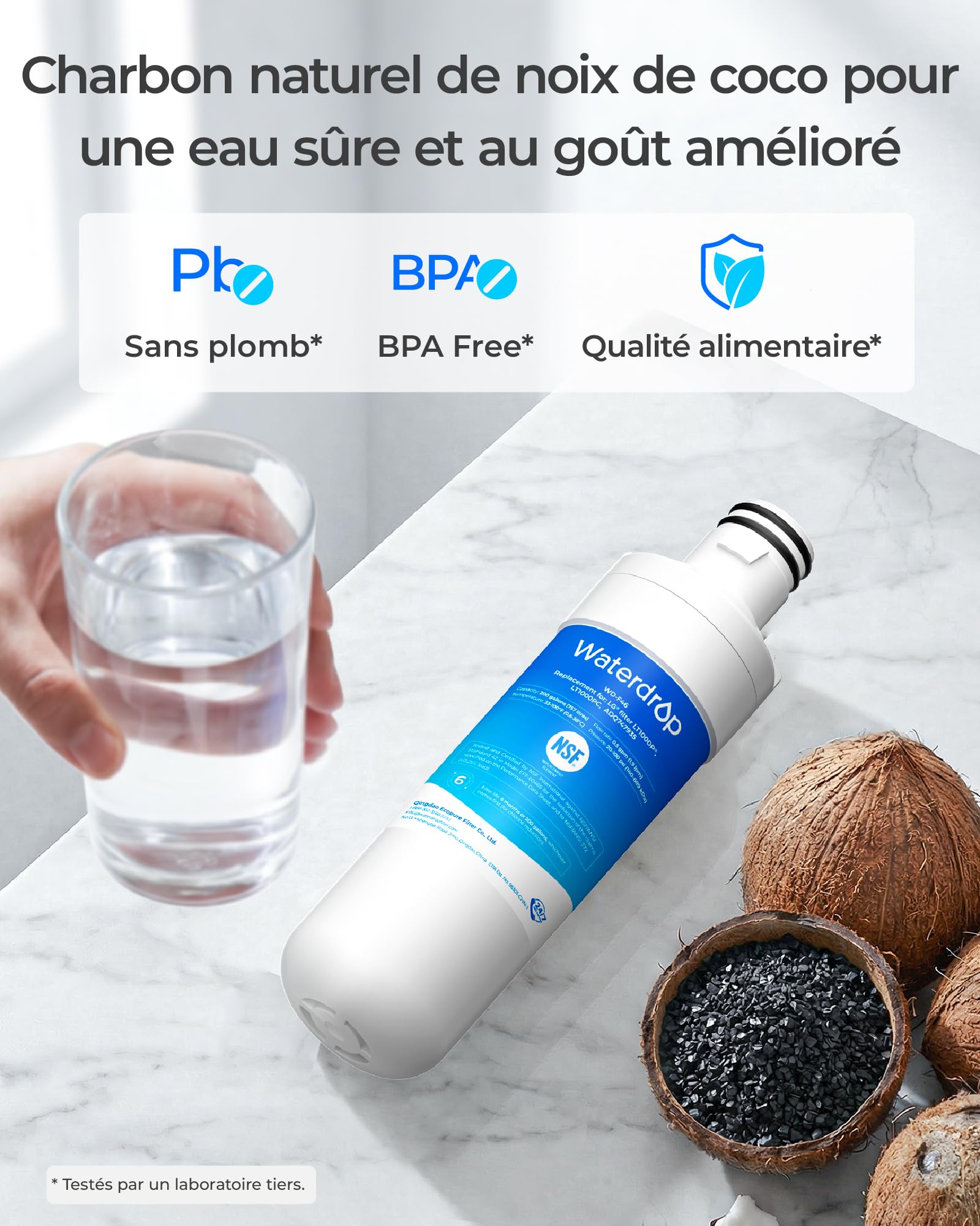 Waterdrop WD-F46 Filtre à eau pour réfrigérateur, compatible avec LG® LT1000P®, ADQ74793501, ADQ74793502, 46-9980, 9980, adapté à des modèles tels que LFXC24796S, LSFXC2496D, certifié NSF, 2 pièce