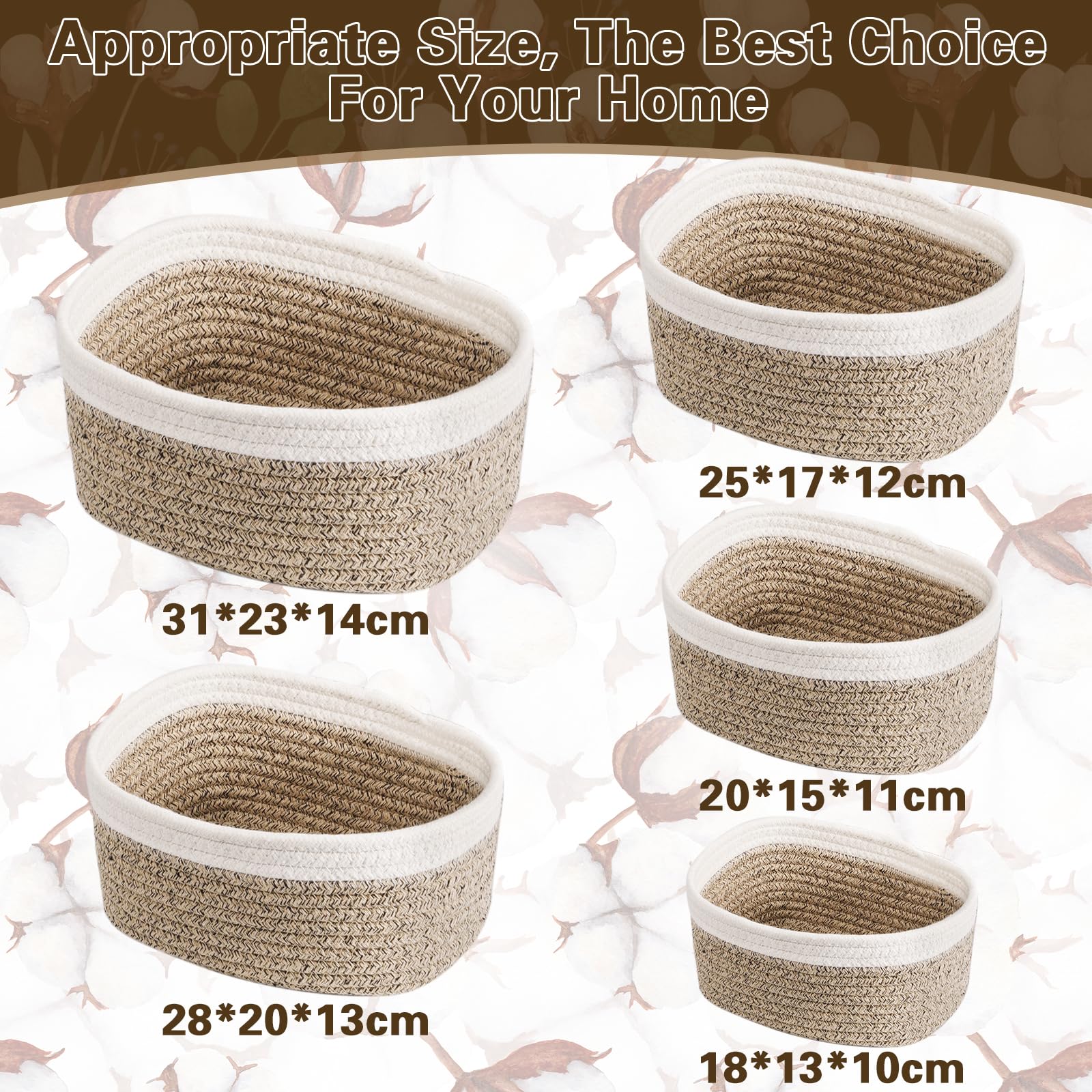 Set 5 Cestini Portaoggetti In Corda Di Cotone - Organizer Impilabile Per Bagno, Camera, Ufficio, Naturale E Lavabile - Foto 10