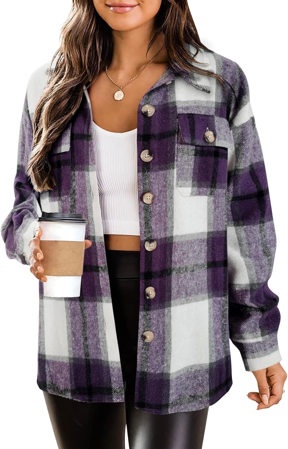 HOTOUCH Womens Flannel Plaid Shacket Jacket Button Down Tartan Trench with Pocket Long Sleeve Cropped Fashion Coat S-XXL