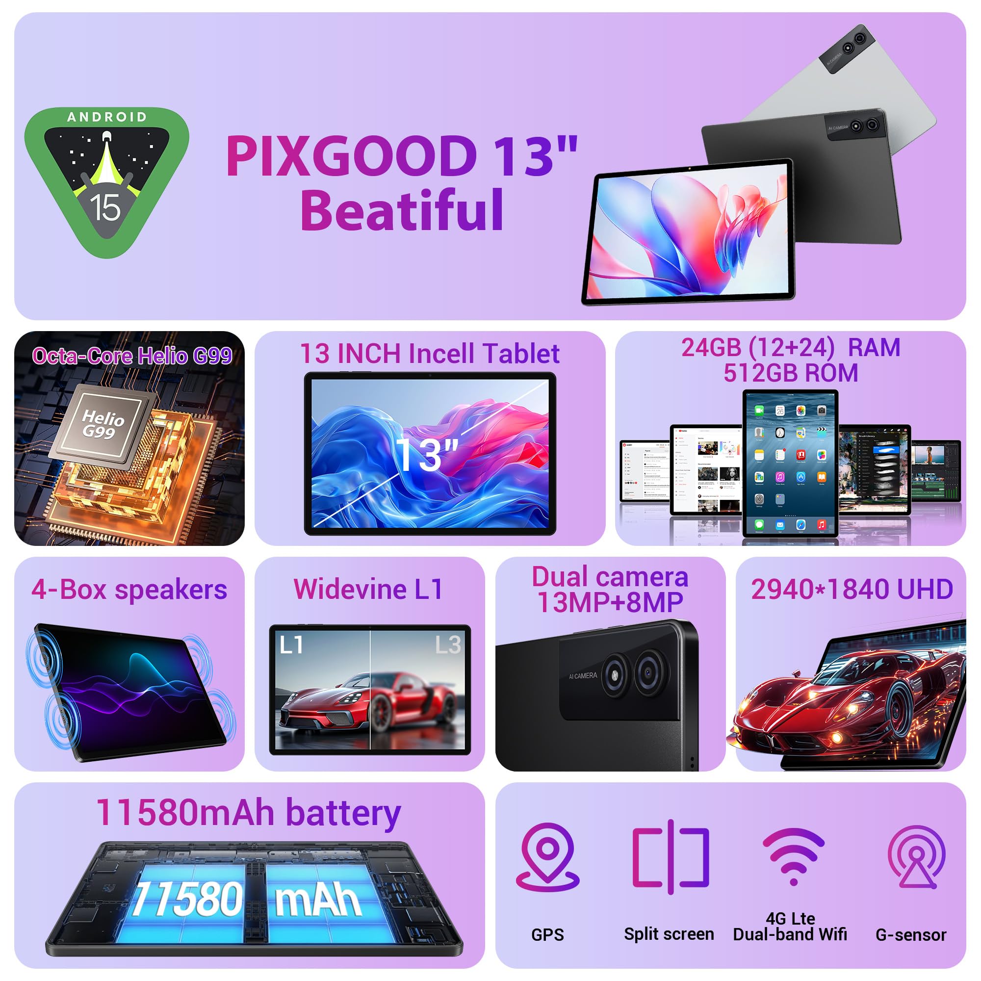 3K 13-Zoll Android 15 Tablet - 512GB ROM 4G LTE 5G WiFi - Dettaglio