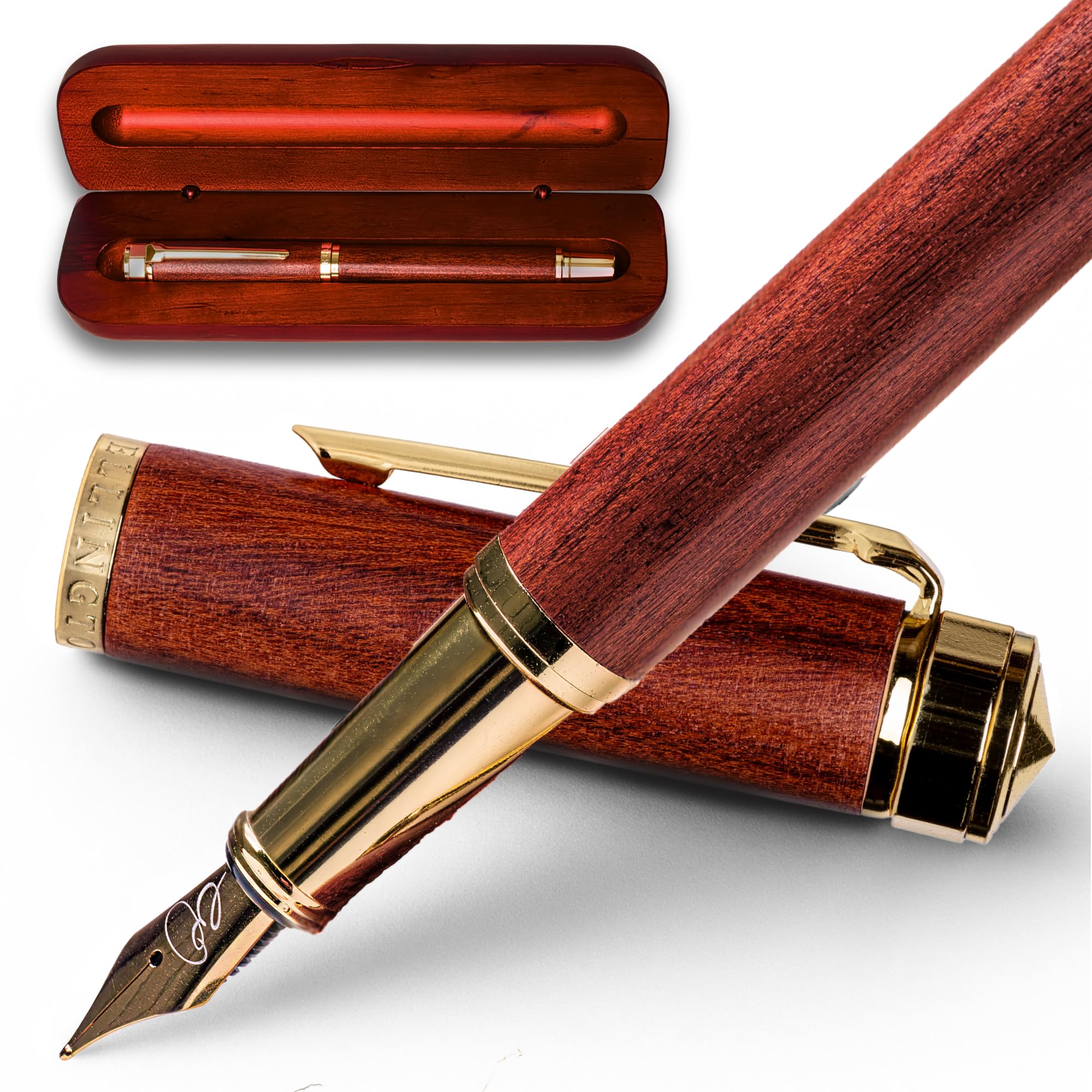 Ellington Pens Luxury Wood Fountain Pen Set – Fine Nib - Includes 6 Ink Cartridges, Wooden Pen Gift Box, Ink Converter - Wood Pen For Writing,