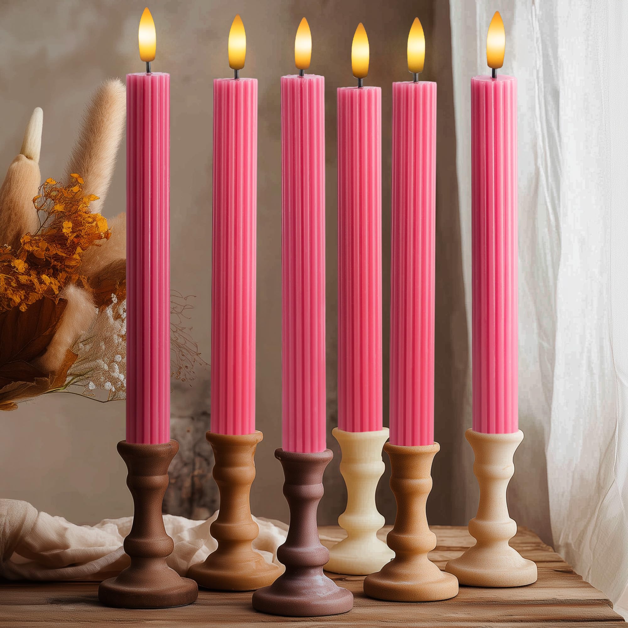 6 Pack, 10" LED Flameless Real Wax Pink Ribbed Taper Candles w/Remote Controller, On/Off Button, Dimmable, Flicker/Static Mode, Battery Operated, Holiday Christmas Menorah Wedding Decor