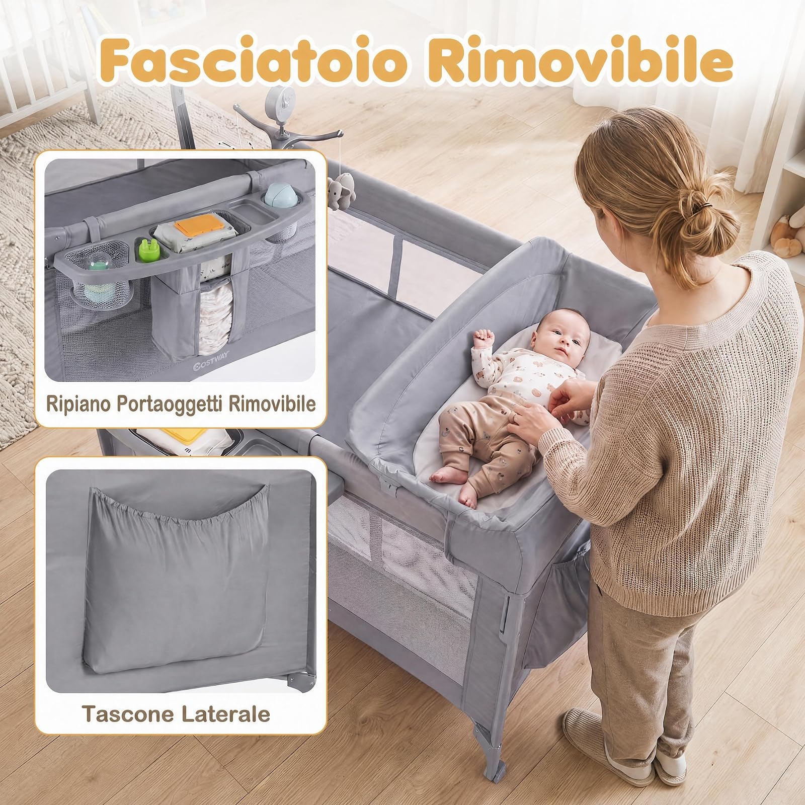 COSTWAY 5 in 1 Culla Co-sleeping Pieghevole per Neonato con Ruote (Grigio) | Lettino da Affiancare Portatile con Fasciatoio, Meterasso, Giocattoli e Carillon, Altezza Regolabile, per Bambini 0-3 Anni