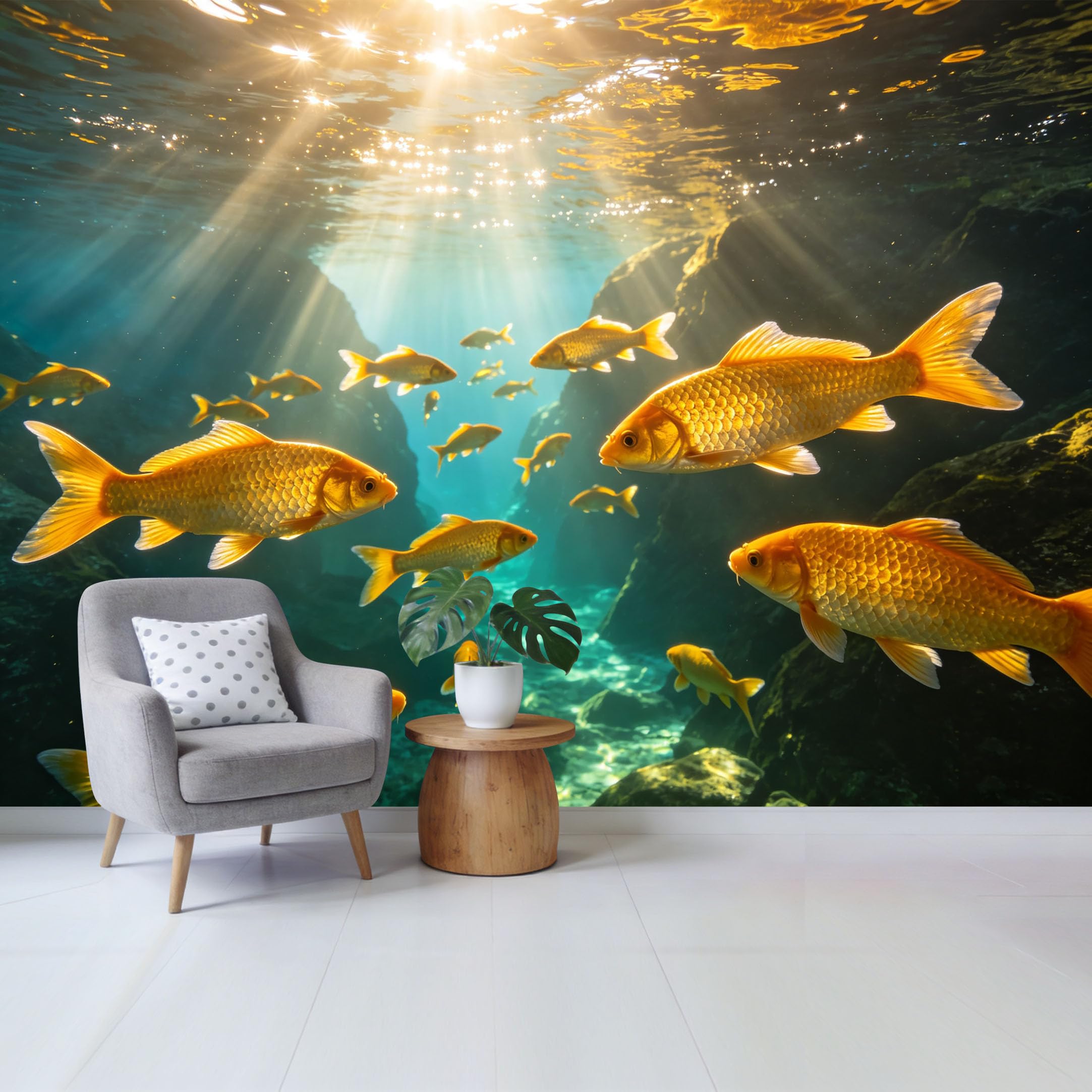 Qzlithotic Yq2605250081 Custom Size Wall Mural Golden Koi Fish Swimming Underwater Sunlight Beams Marine 3D Selfadhesive Wall Fabric Removable Wallpaper For Home Office Decor