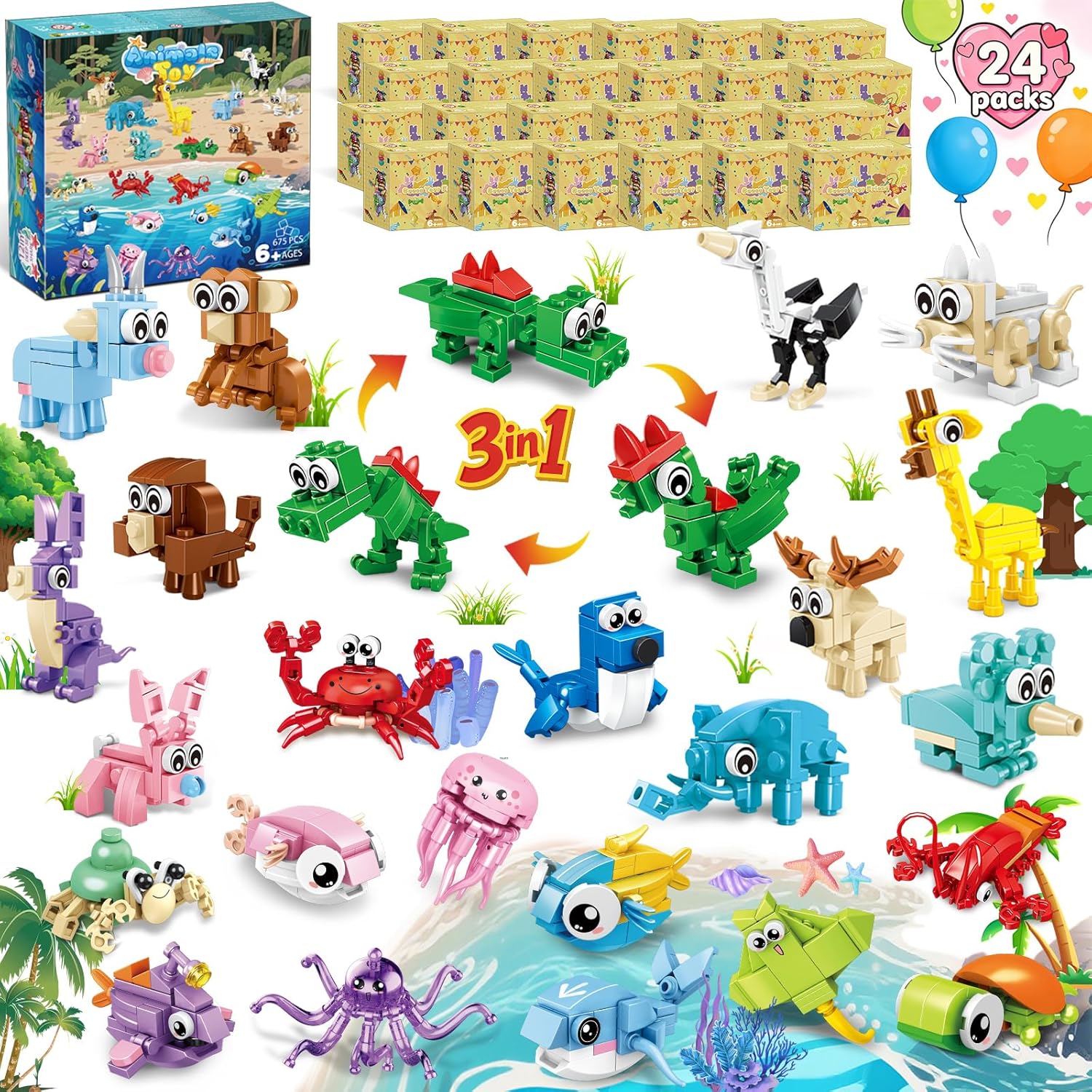 24 Packs Party Favors for Kids, Mini Animal Building Block Toy Sets for Goodie Bag Stuffers Classroom Prizes for Kids Birthday Party Children's Day Valentines Easter Gift for Boys Girls Ages 6-12
