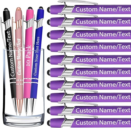 Bolígrafos personalizados con nombre, paquete de 10 bolígrafos personalizados a granel, bolígrafo de tinta negra grabada con punta de lápiz óptico