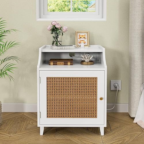 Miniatura 1 de Anbuy Juego de 2 mesitas de noche de ratán, mesa auxiliar de madera, mesita de noche con estante de almacenamiento abierto y puerta, mesitas de