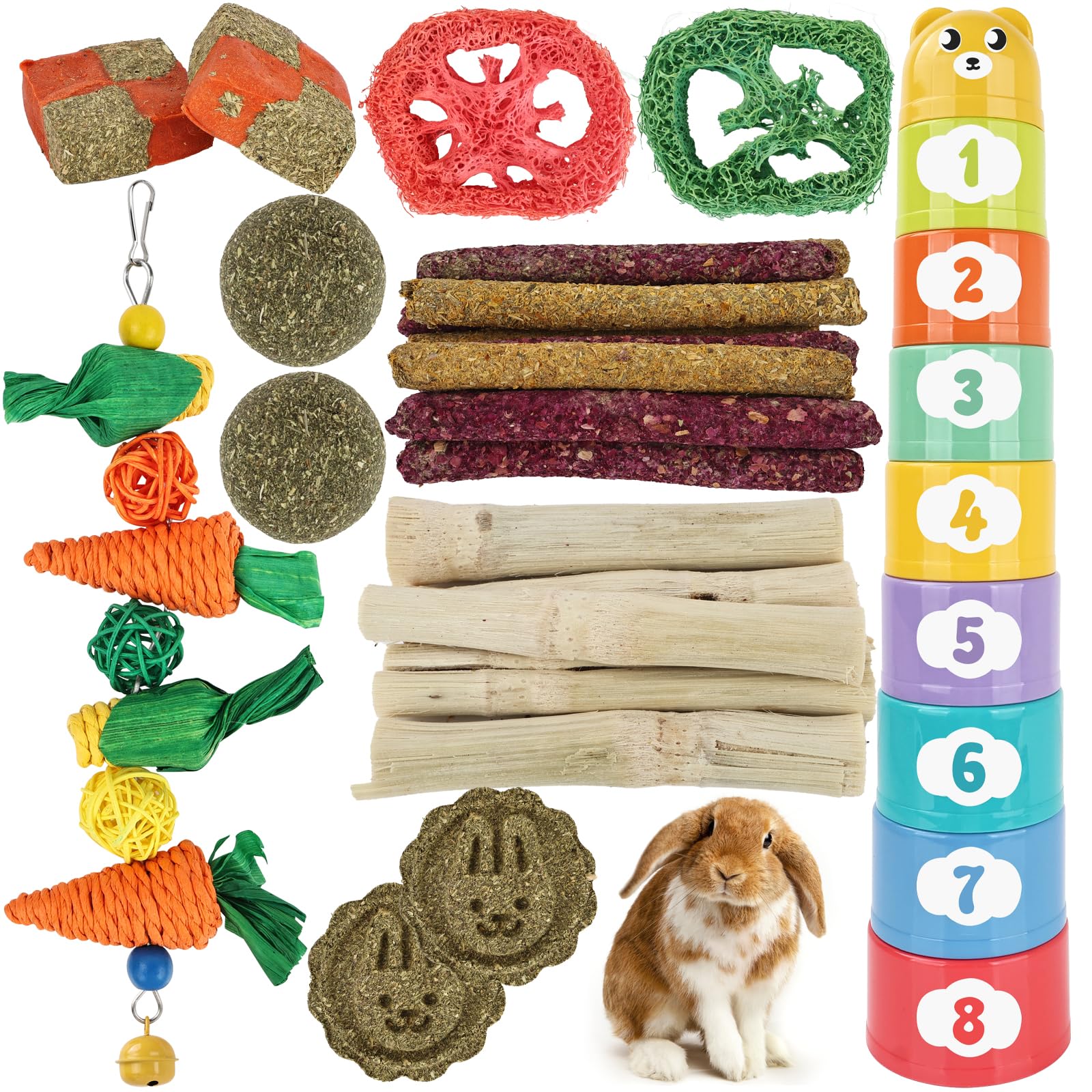 Pethee 33 Stück Kaninchenspielzeug Set, NatüRliches Kauspielzeug für Kaninchen und Kleintiere, Stapelbecher, Hay Sticks, Spielzeug zum ZäHneknirschen und Langeweile-Killer für Häschen, Meerschweinchen