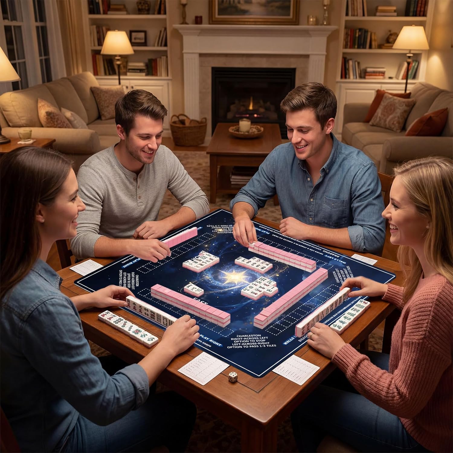 Mahjong Mat for Table, American Mahjong Mat with Rules, Non Slip Rubber Backed Mahjong Table Mat, Noise Reducing 3mm Thick, 31.4 x 31.4 Inch Foldable Mah Jongg Mat with Carrying Bag, Star