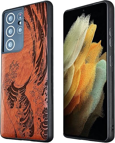 Miniatura 1 de Carveit Funda de madera para Galaxy S21 Ultra madera real dura y TPU suave a prueba de golpes, funda protectora de madera única híbrida compatible