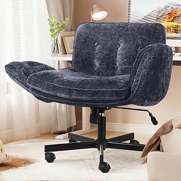Criss Cross Chair with Wheels & Arms, Chenille Cross Legged Office Chair with 5-level Folding Armrest, Comfortable Adjustable Swivel Vanity Chair for Home, Make Up, Bed Room, Office, Accent Blue