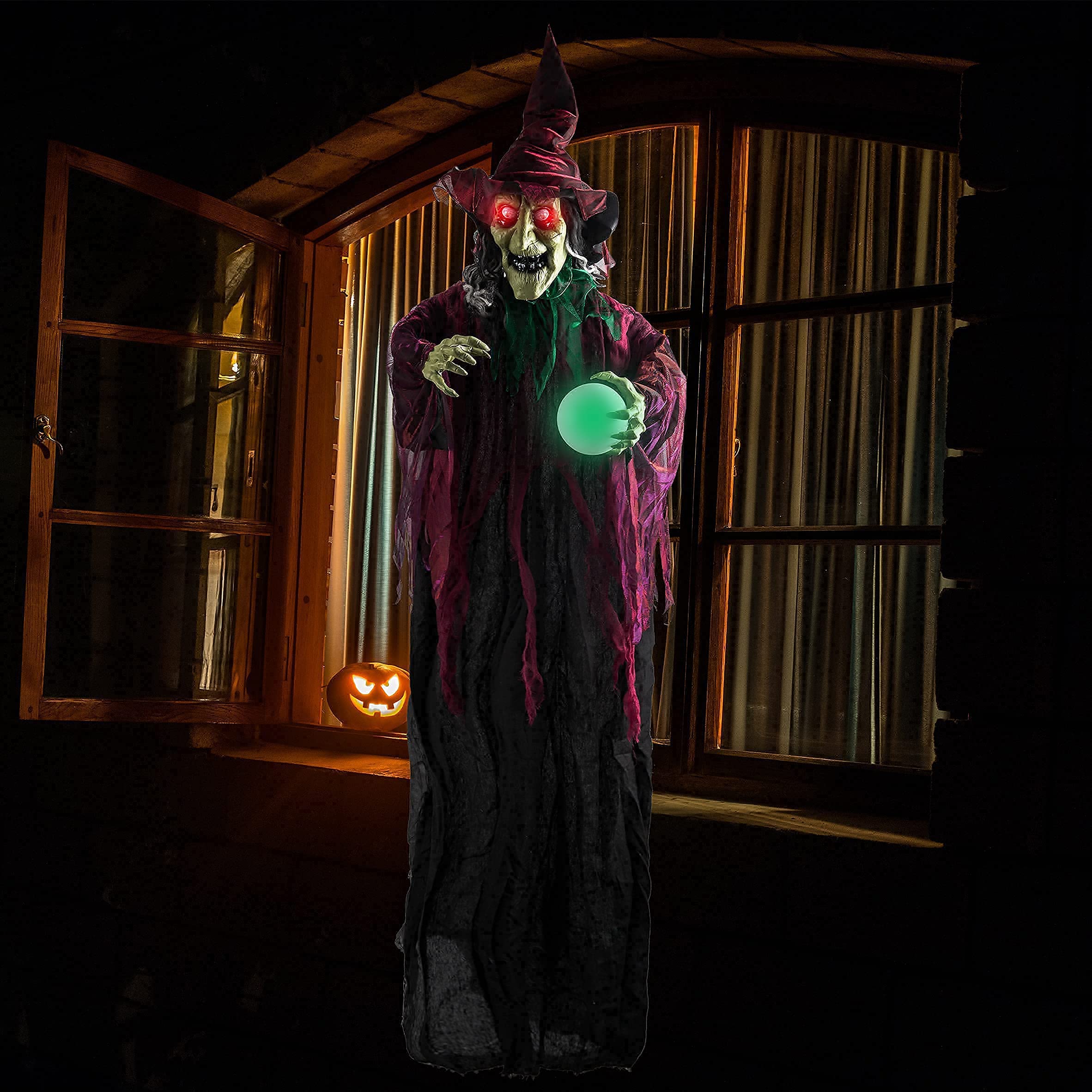 JOYIN Wisząca Dekoracja Czarownicy na Halloween - Animowana Przerażająca Czarownica z Oczami LED i Dźwiękiem, Dekoracja na Zewnątrz, Trawnik, Podwórko, Patio