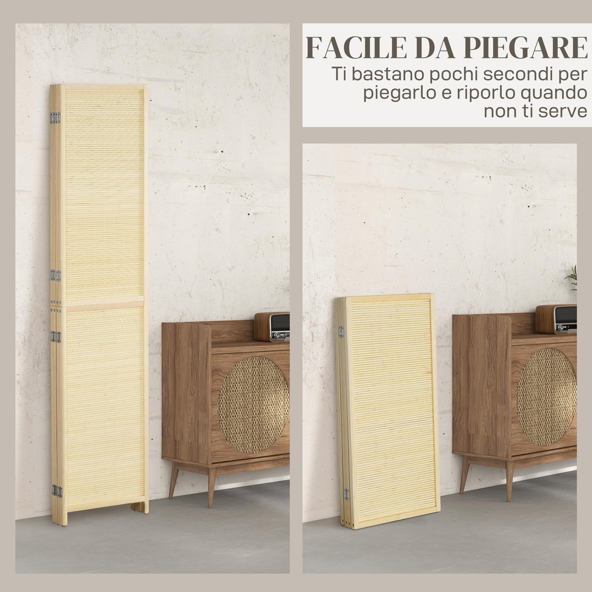 HOMCOM Paravento per Interno Pieghevole a 4 Ante 180x1.6x180 cm Color Legno | Divisorio in Bambù di Rattan