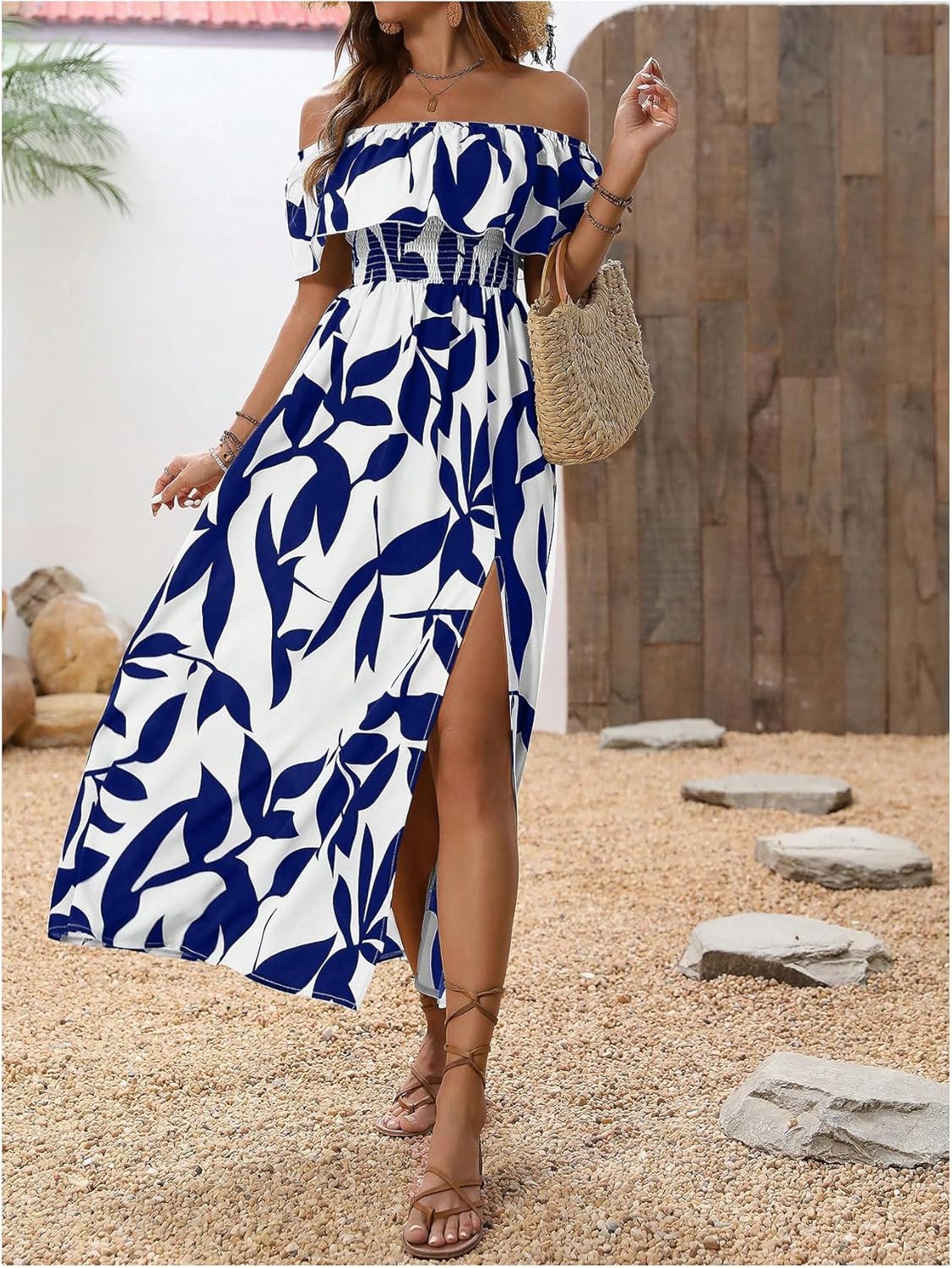 MakeMeChic Women's Floral Print Boho Summer Dress Off Shoulder Shirred Split Thigh Midi Long Dresses - Image 4