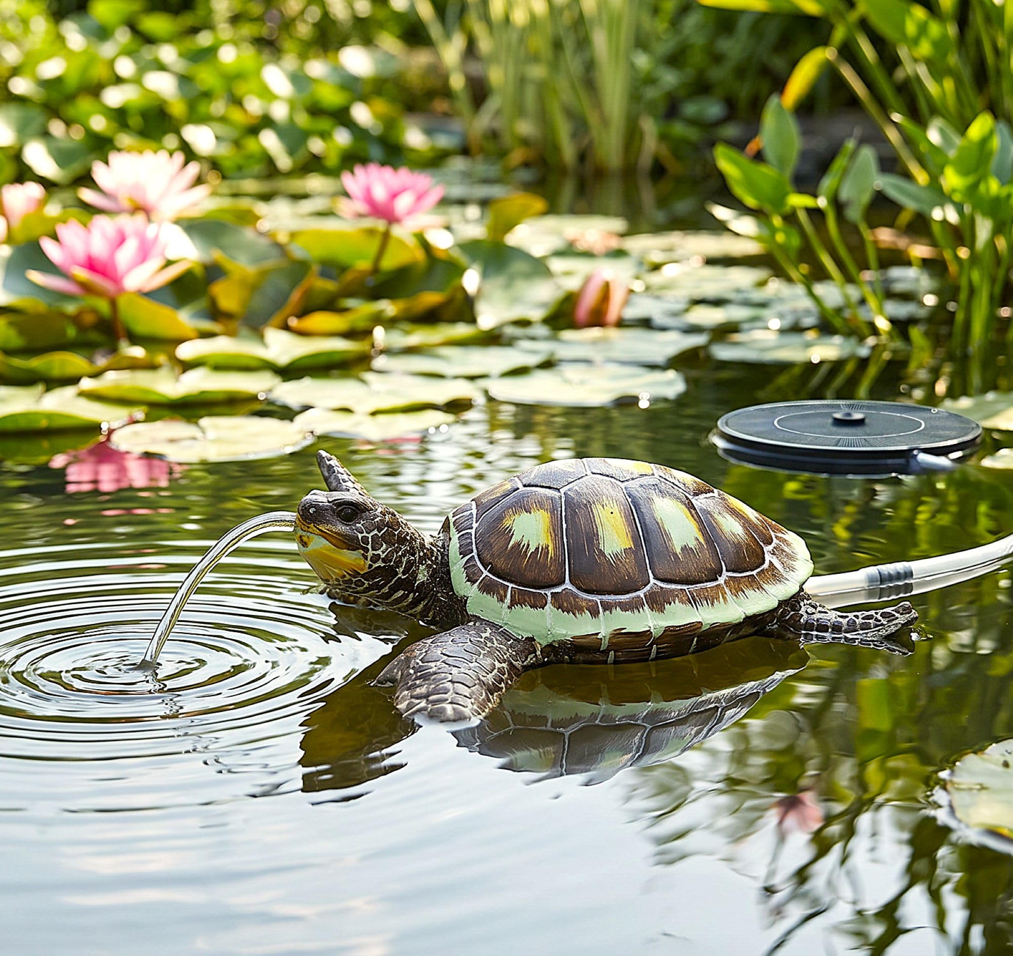 Wasserspeier Schildkröte schwimmend Solar Wasserspiel Teichdekoration Springbrunnen Teichfigur Gartendeko 20x21x6 cm