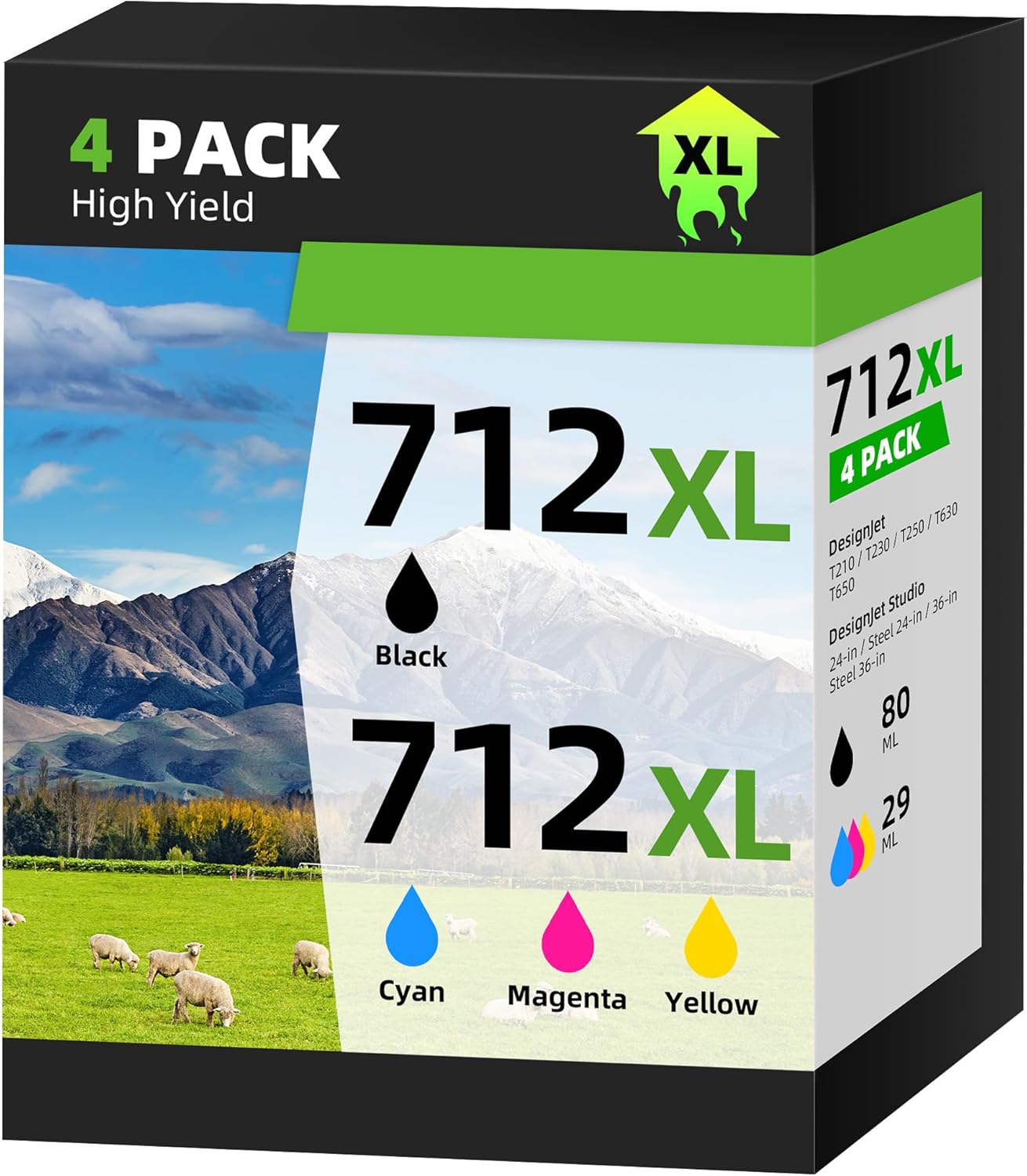712XL Ink Cartridges High Yield Compatible Replacement for HP 712XL 712 XL 712 Ink Cartridges Combo Pack for HP DesignJet T210 T630 T650 T250 T230 Printer (4 Pack, 1BK/1C/1M/1Y)