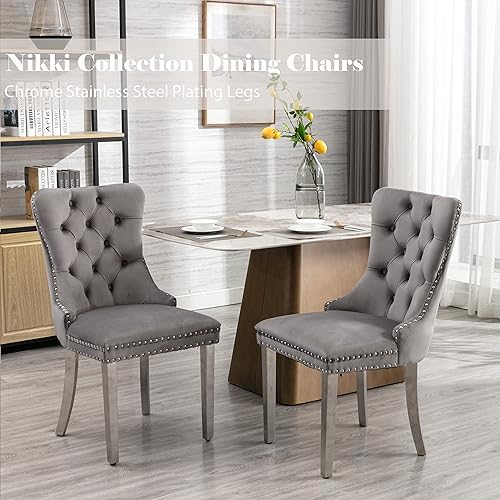 Miniatura 79 de Juego de 4 sillas de comedor de terciopelo beige, sillas de comedor tapizadas con adorno de tirador de anillo trasero y patas de madera maciza,