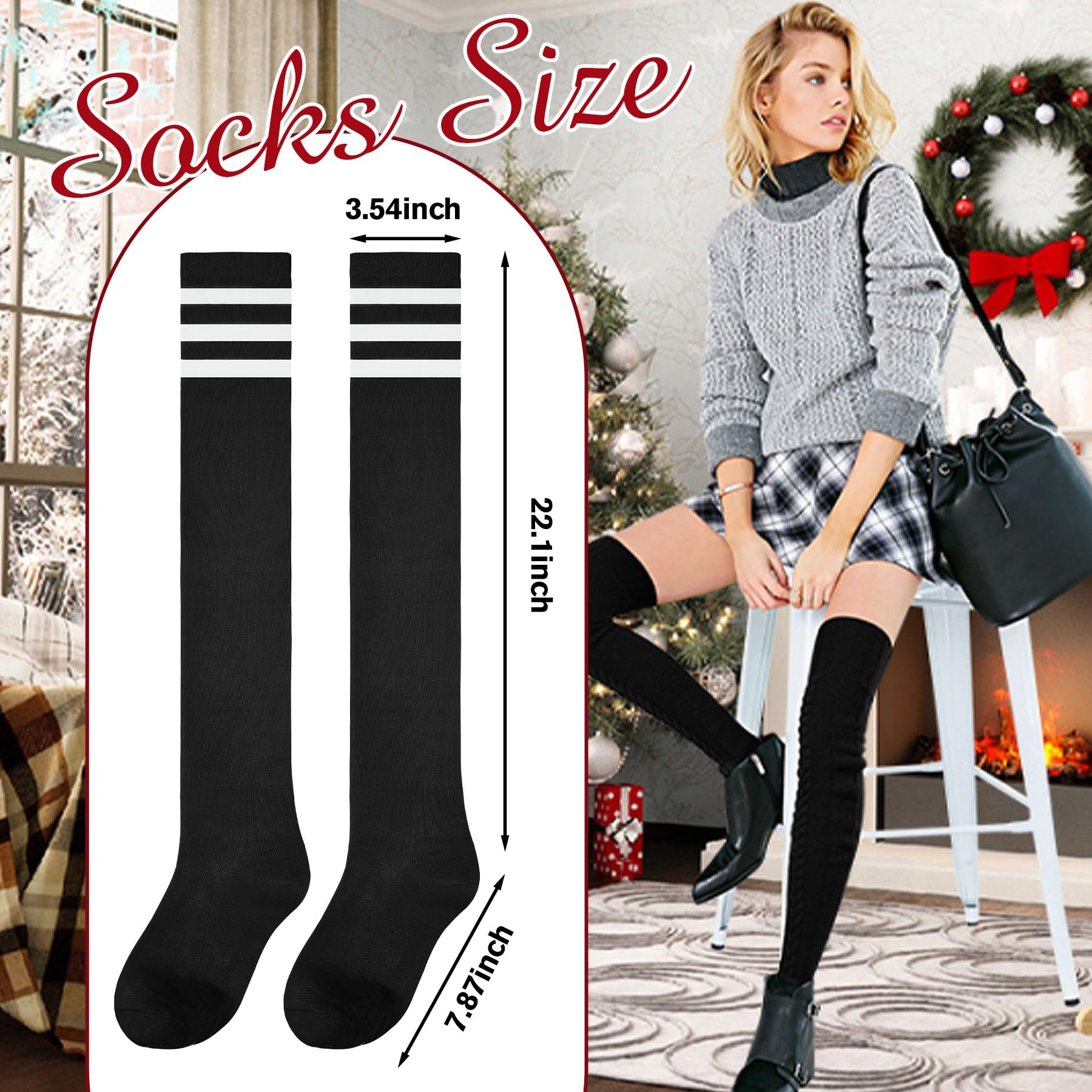 Zando Women's 6-Pack Cotton Thigh High Over Knee Socks - Striped Boot Socks & Leg Warmers for Daily, Sports, Cosplay: One Size D Colored Stripes*6