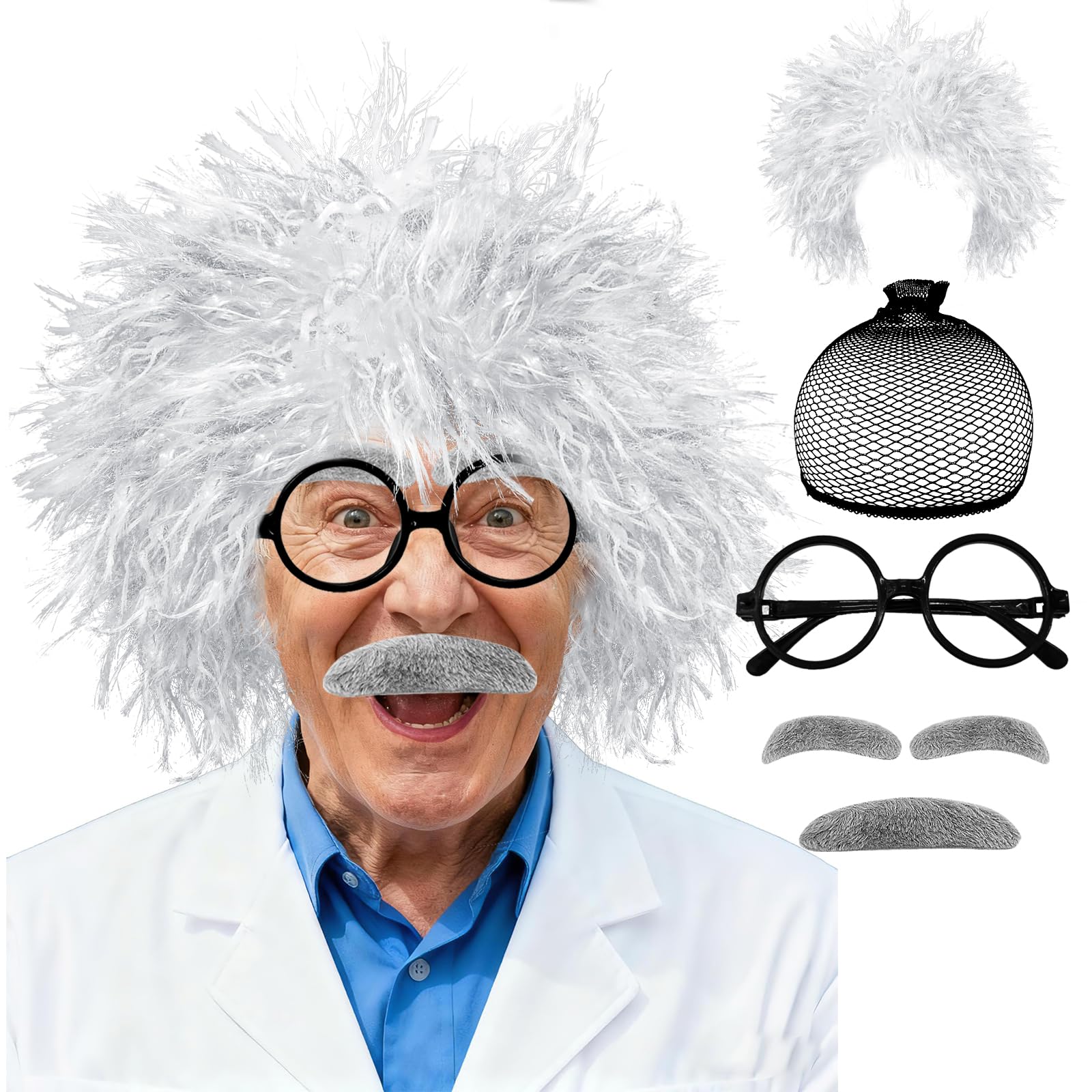 Set di 6 parrucche da scienziato pazzo, costume con retina per capelli, sopracciglia, baffi, occhiali per bambini e ragazzi, 100° giorno di scuola, accessori per cosplay del nonno