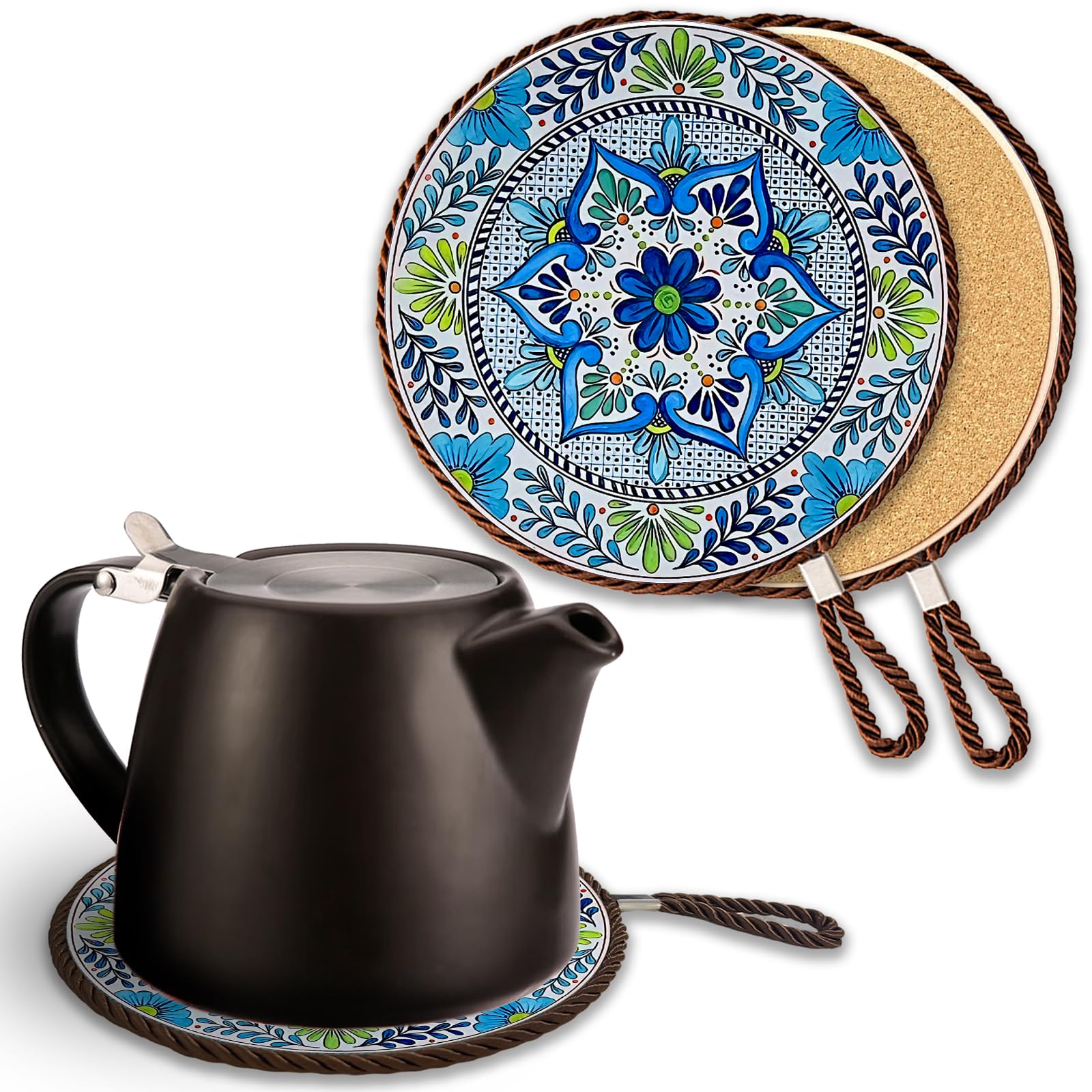 17cm Patterned Ceramic Trivet with Natural Cork Base, Heat Resistant Hot Pad for Teapots, Pans & Serving Dishes, Decorative Table Protector for Kitchen & Dining Room