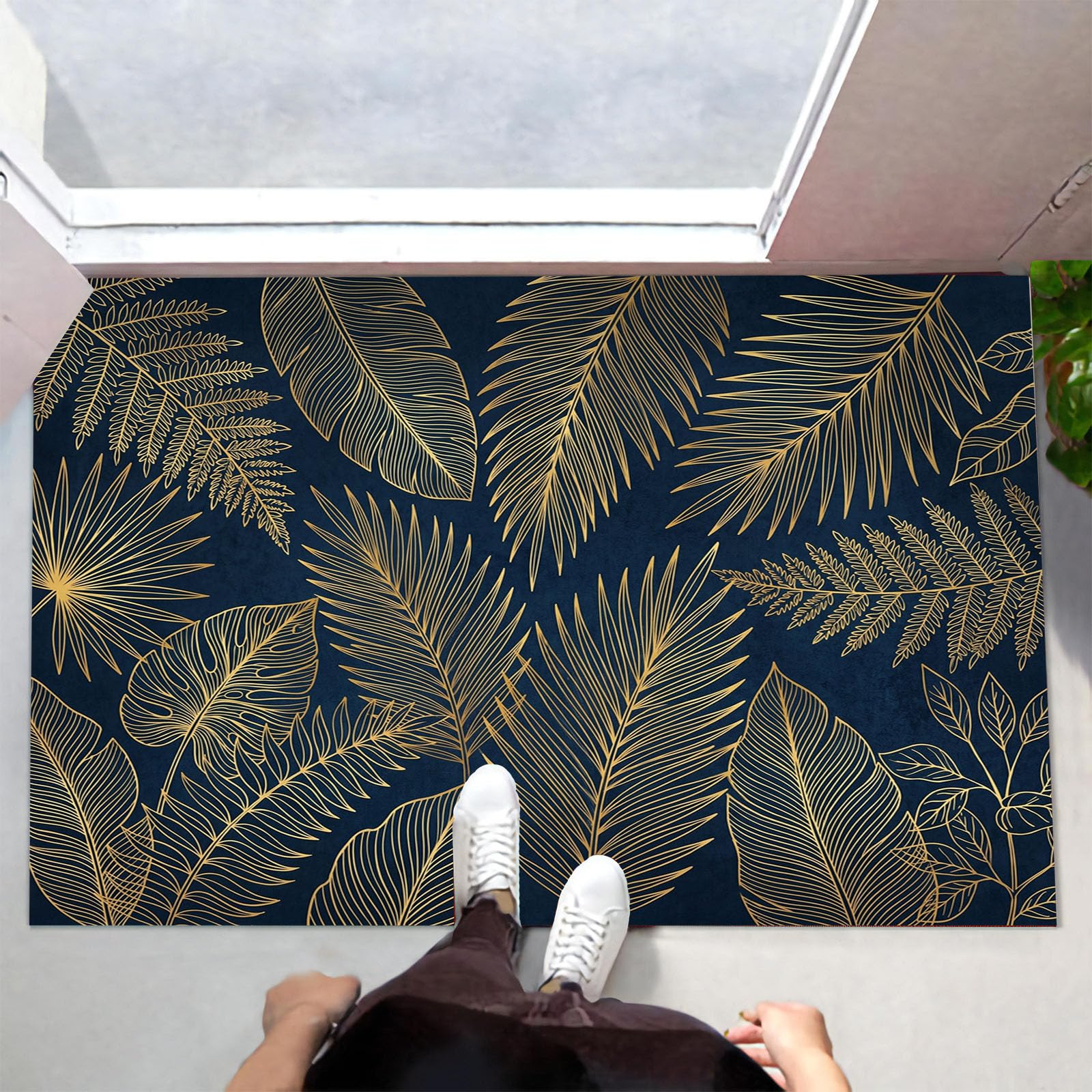 Zerbino Ingresso Interno Texture Fogliare Di Lusso, Zerbino Di Benvenuto Lavabile Morbida Retro Tropical Plants, Antiscivolo Tappeto Da Decorazioni Nero Per Casa Porta D'Ingresso, 90X150Cm