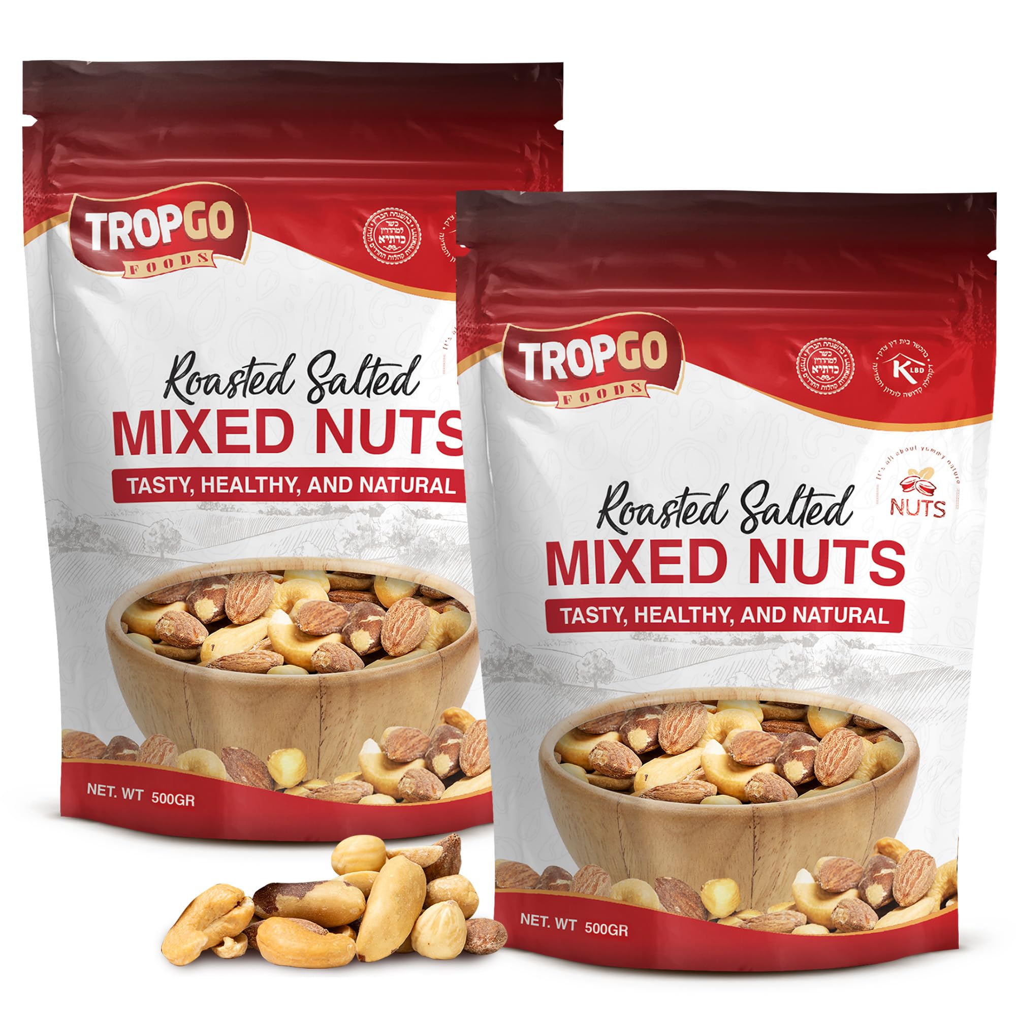Tropgo Roasted Salted Mixed Nuts 2 × 500g (1KG) - Packed Fresh, Healthy Jumbo Nuts with Fibre, Protein, Minerals - Perfect for Snacking - Includes Almonds, Brazil Nuts, Cashews, Peanuts, Hazelnuts