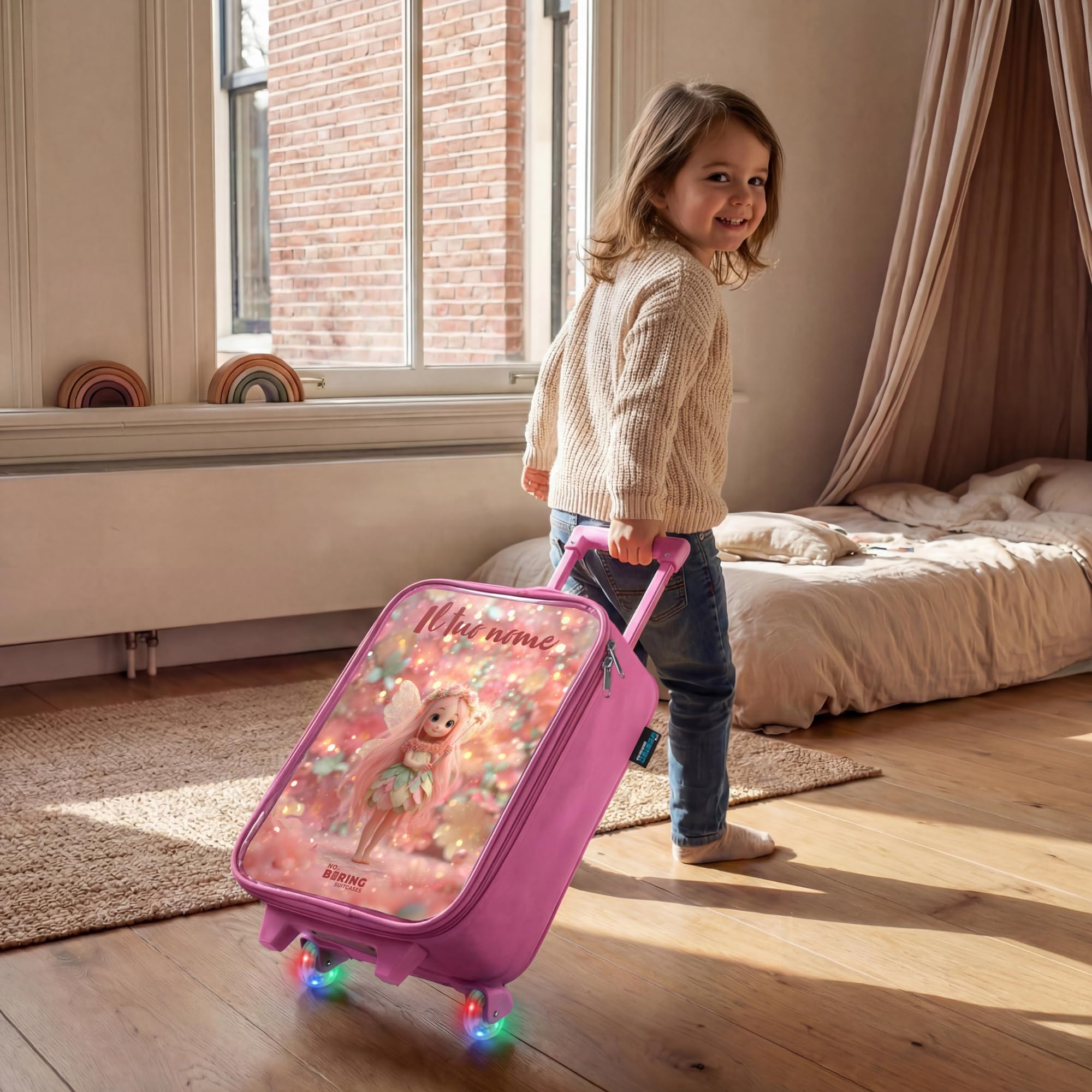 NoBoringSuitcases© Valigia Rosa Per Bambini Personalizzato Con Un Nome | 48x31x19 cm - Bagaglio Ultraleggero Trolley A Mano Rigidi LED Ruote Valigie Bimbi - Ragazze - Fata dei fiori - Mondo