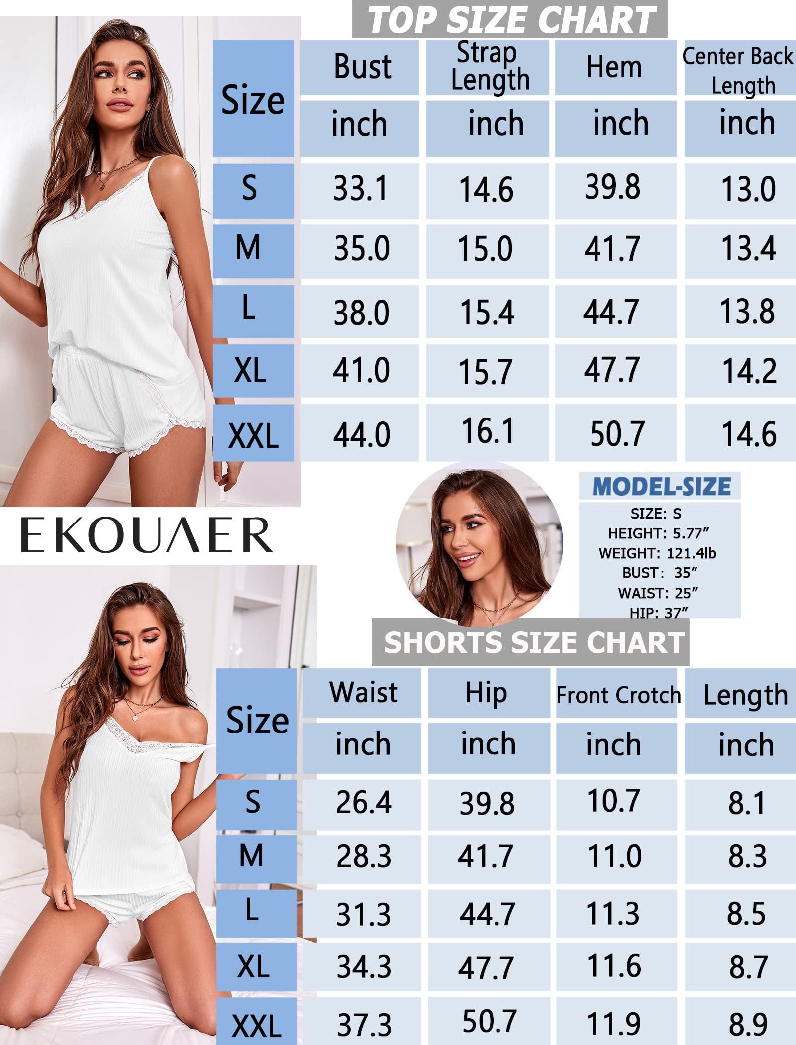 Ekouaer Pijama Mujer Verano Pijama Sexy Ropa de Dormir Camisolas y Pantalón Corto 2 Piezas, S-XXL