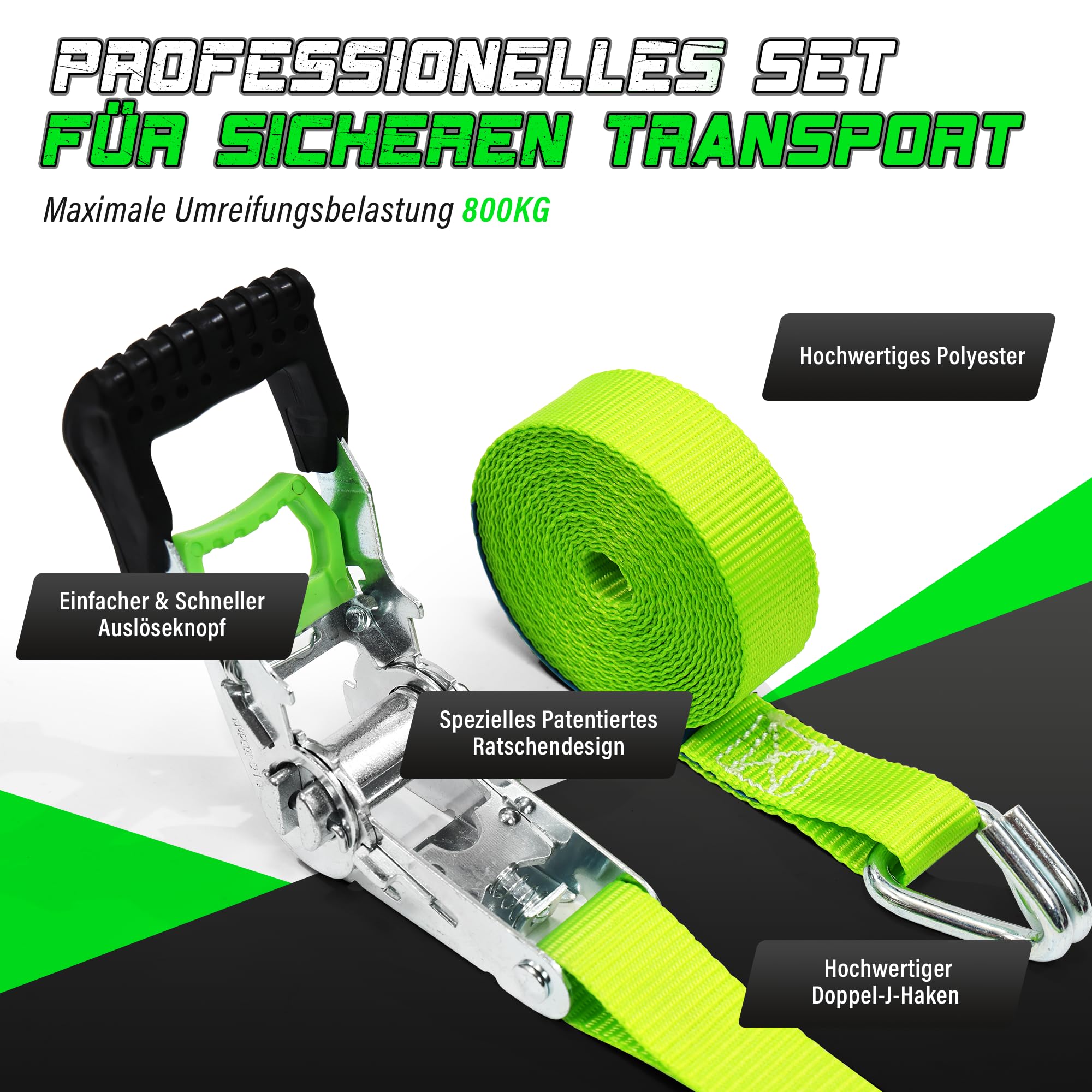 Spanngurte mit Ratsche, 6m x 35mm Zweiteilige Zurrgurte, 2000kg und 25mm x 4m x 800kg Bruchfestigkeit Zurrgurte mit Ratschen, für Motorrad, Umzugsgeräte und Fracht, Grün