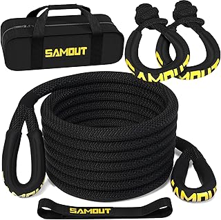 Cuerda de recuperación cinética (48,000 libras, 1 pulgada x 20 pies) + 2 grilletes suaves sintéticos, 30% de elasticidad, correa de arranque de energía para vehículos todoterreno 4x4