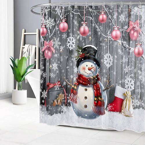 Miniatura 2 de LB Farmhouse Christmas Shower Curtain for Bathroom,Pink Xmas Ball and Funny Snowman on Rustic Retro Grey Wood Fabric Shower Curtain with