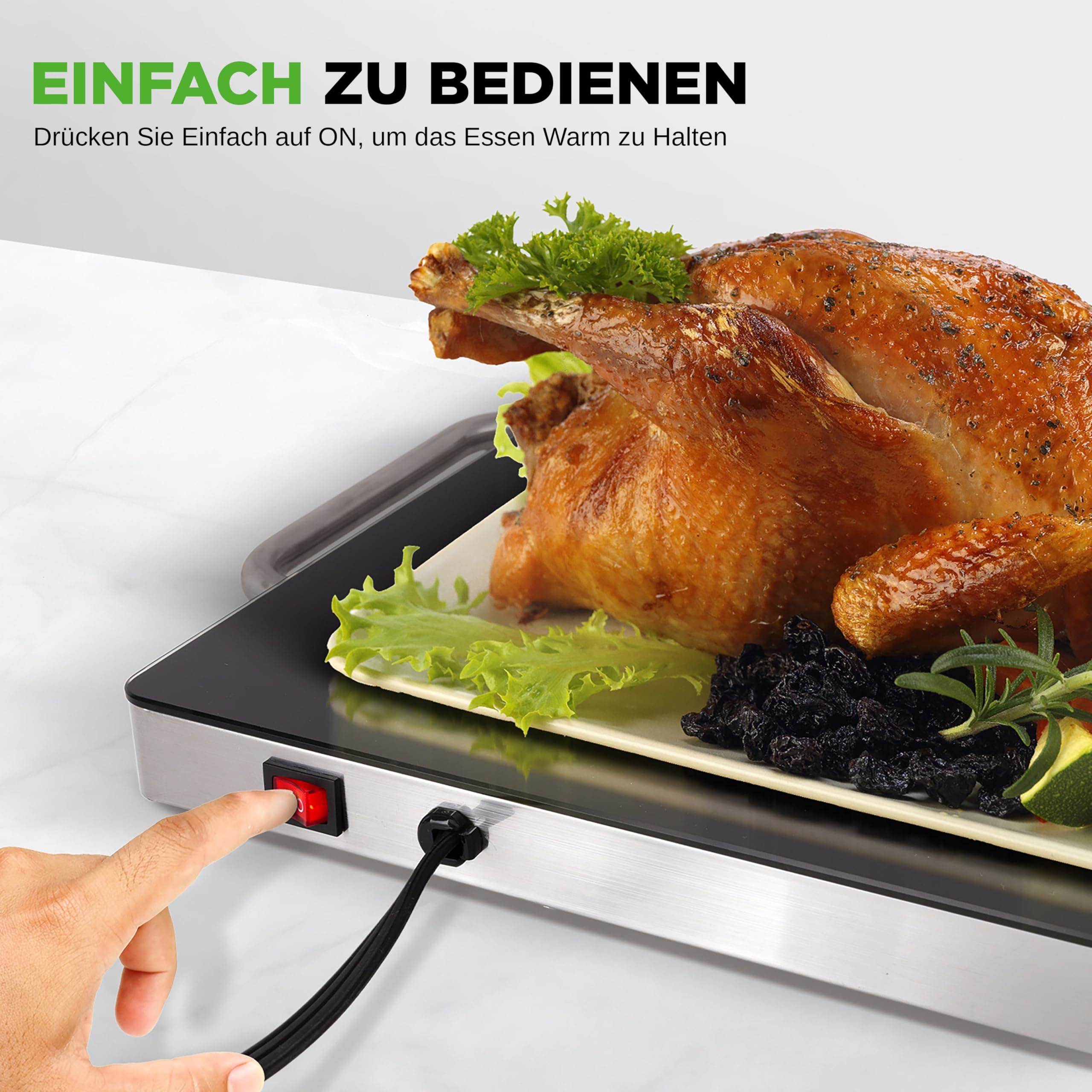 NutriChef Warmhalteplatte Elektrisch 50,8 x 30,5 cm Glas-Kochplatte Schwarz