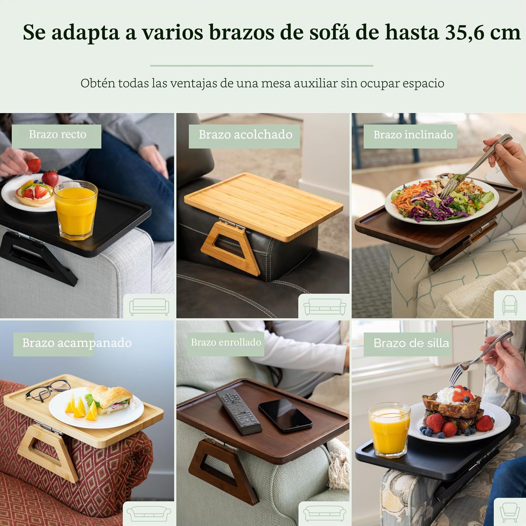 Shamrock Home Mesa de bambú con reposabrazos para sofá, bandeja de clip para sofás, bandeja para sofá para cenas de TV, mandos a distancia, bebidas, aperitivos y espacios pequeños, 13.7 x 9.5 pulgadas