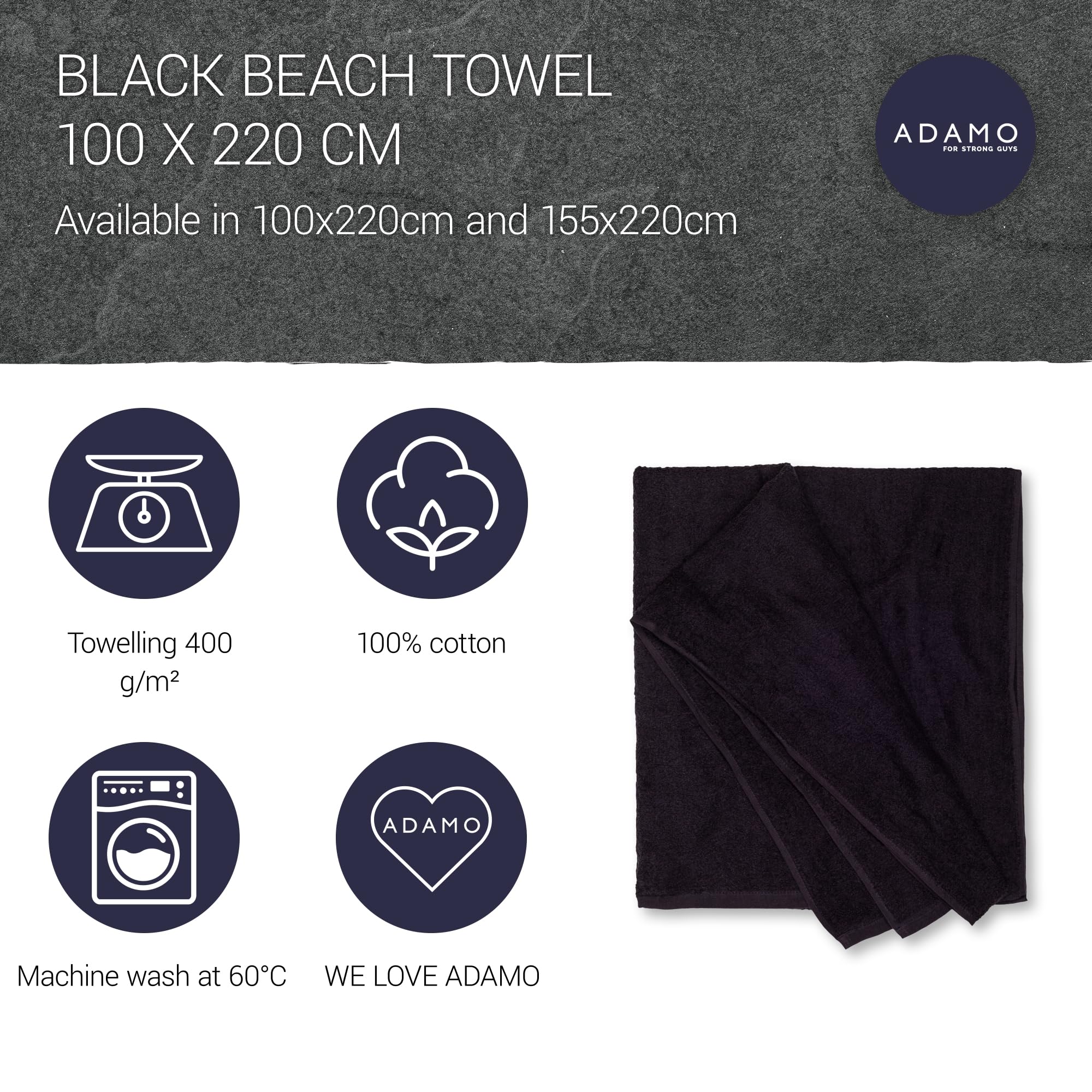 ADAMO XXL Beach Towel - Large Bath & Sauna Towel, Oversize 155 x 220 cm or 100 x 220 cm, Black, 700 Black - Image 3