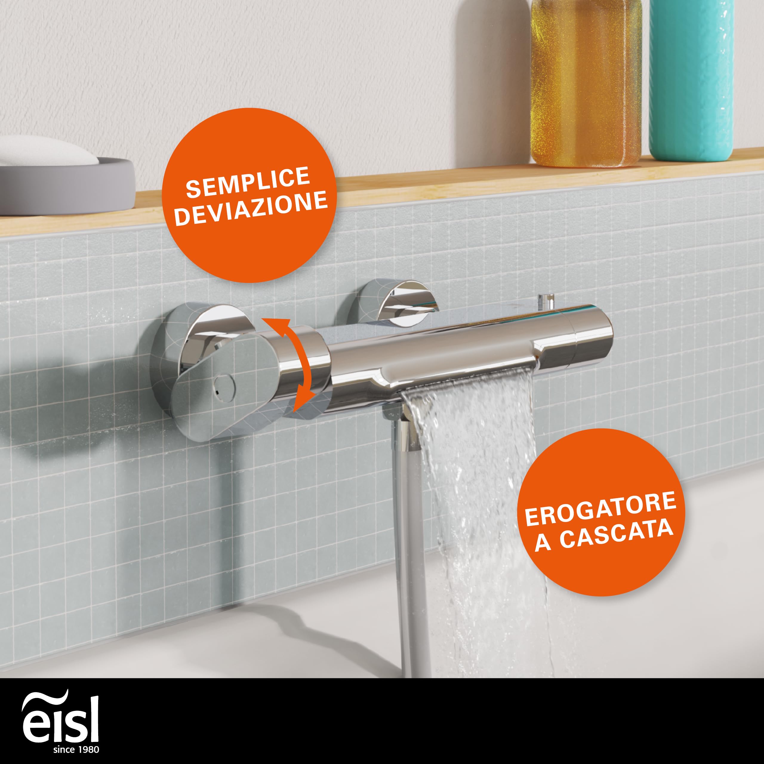 EISL 1330090 CARNEO, rubinetto vasca da bagno, miscelatore con controllo termostatico, bocca a cascata, blocco di sicurezza a 38°C, miscelatore vasca da bagno, cromo