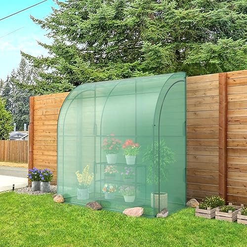 Miniatura 9 de Happygrill Invernadero con estante de flores de 3 niveles, cubierta de polietileno resistente a la intemperie y puertas enrollables con cremallera,