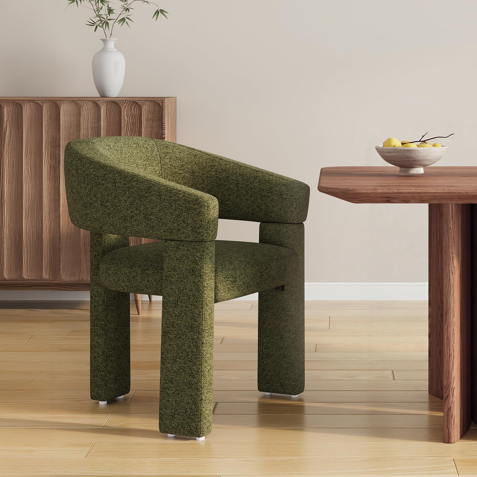 MALOL Wooden Dining Chairs Set of 1, Fabric Accent Chairs with Armrest, Comfy Round Upholstered Arm Chair with 3 Legs, Kitchen Chairs for Dining Room, Living Room, Green