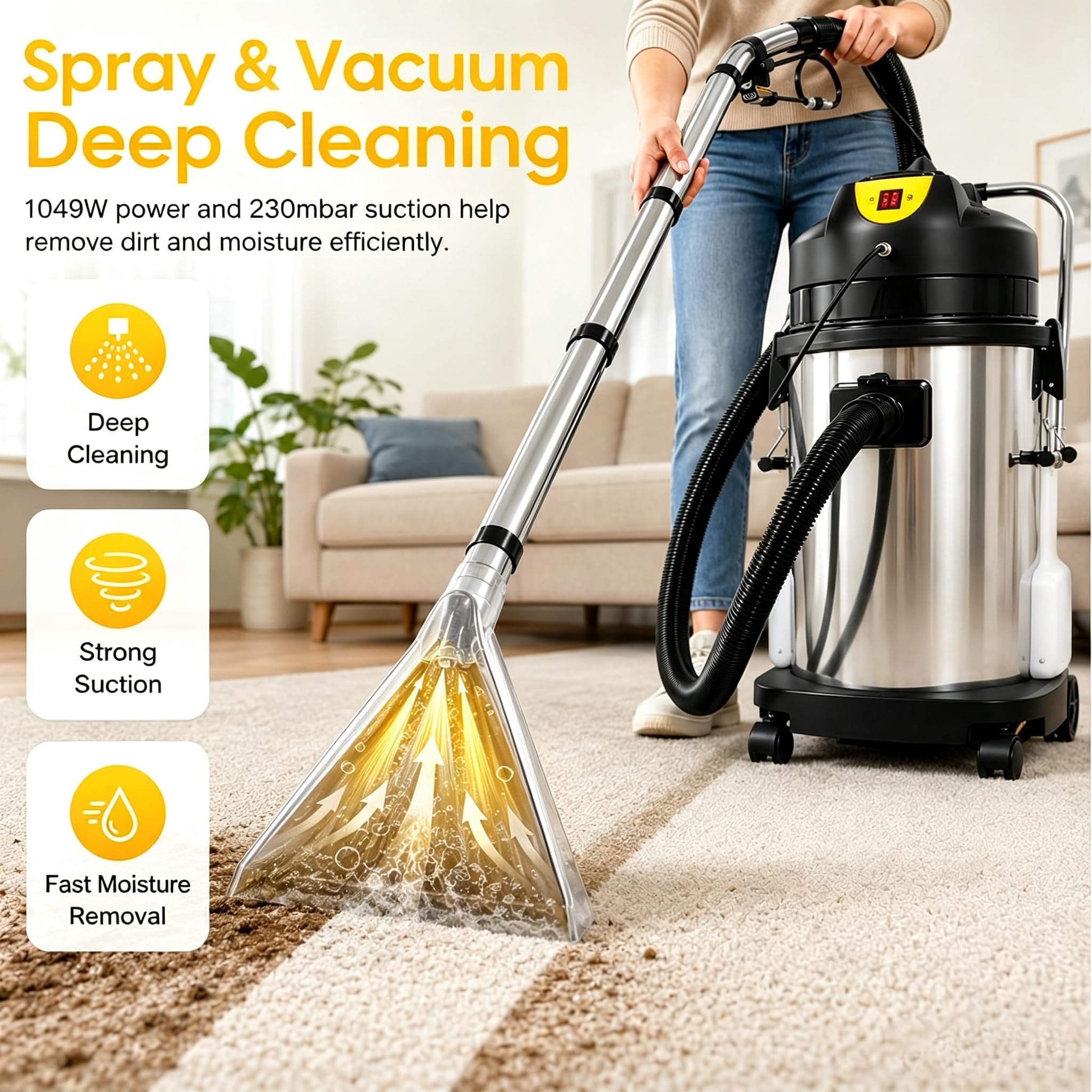 Aspiradora Lava Tapicerías 3 en 1 40L 1034W, Limpiadora de Alfombras Profesional, Máquina de Limpieza Profunda para Sofás, Coches, Moquetas y Cortinas – Cepillo INOX Incluido