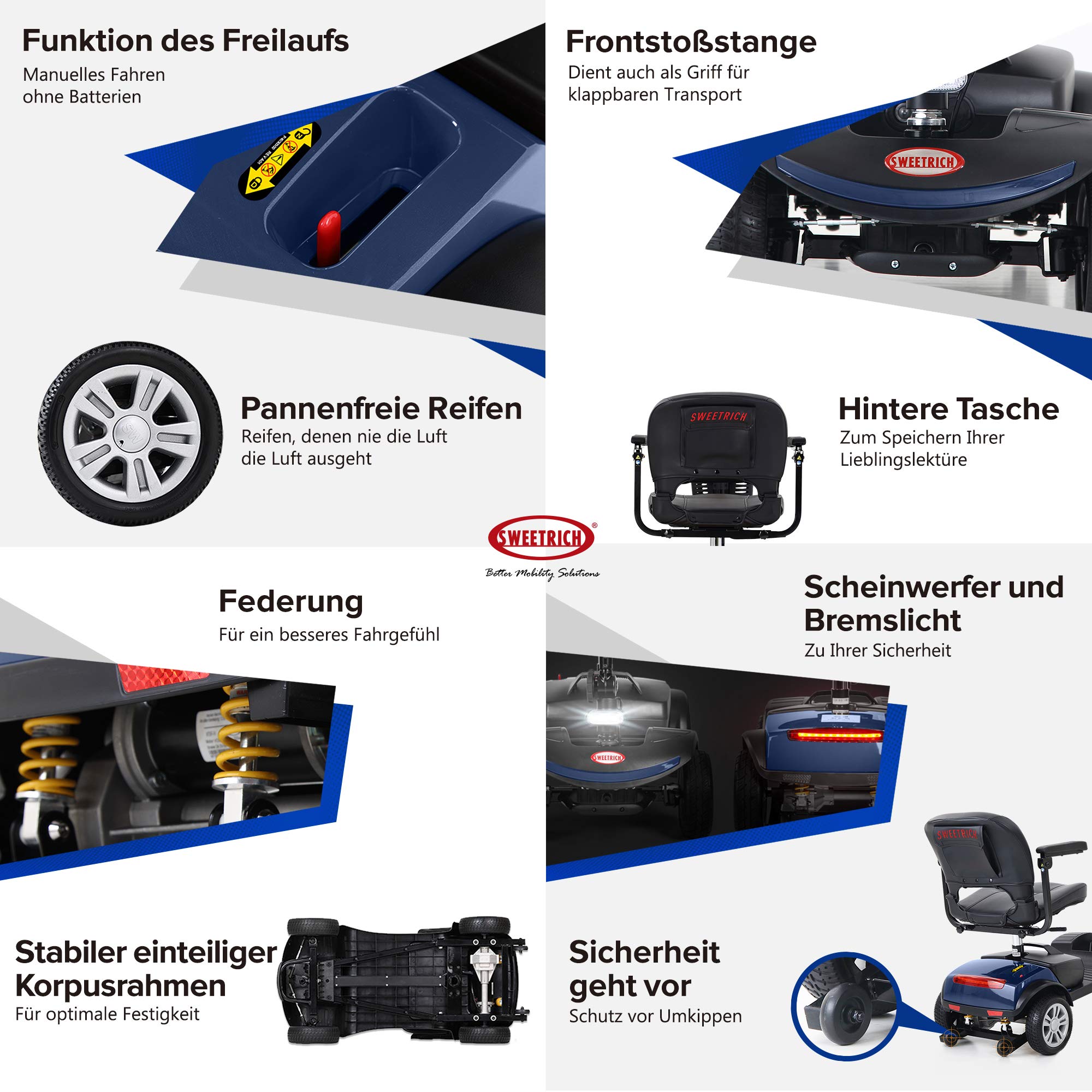 300 W, scooter compatto a quattro ruote, portata di 15 km, per anziani (blu)