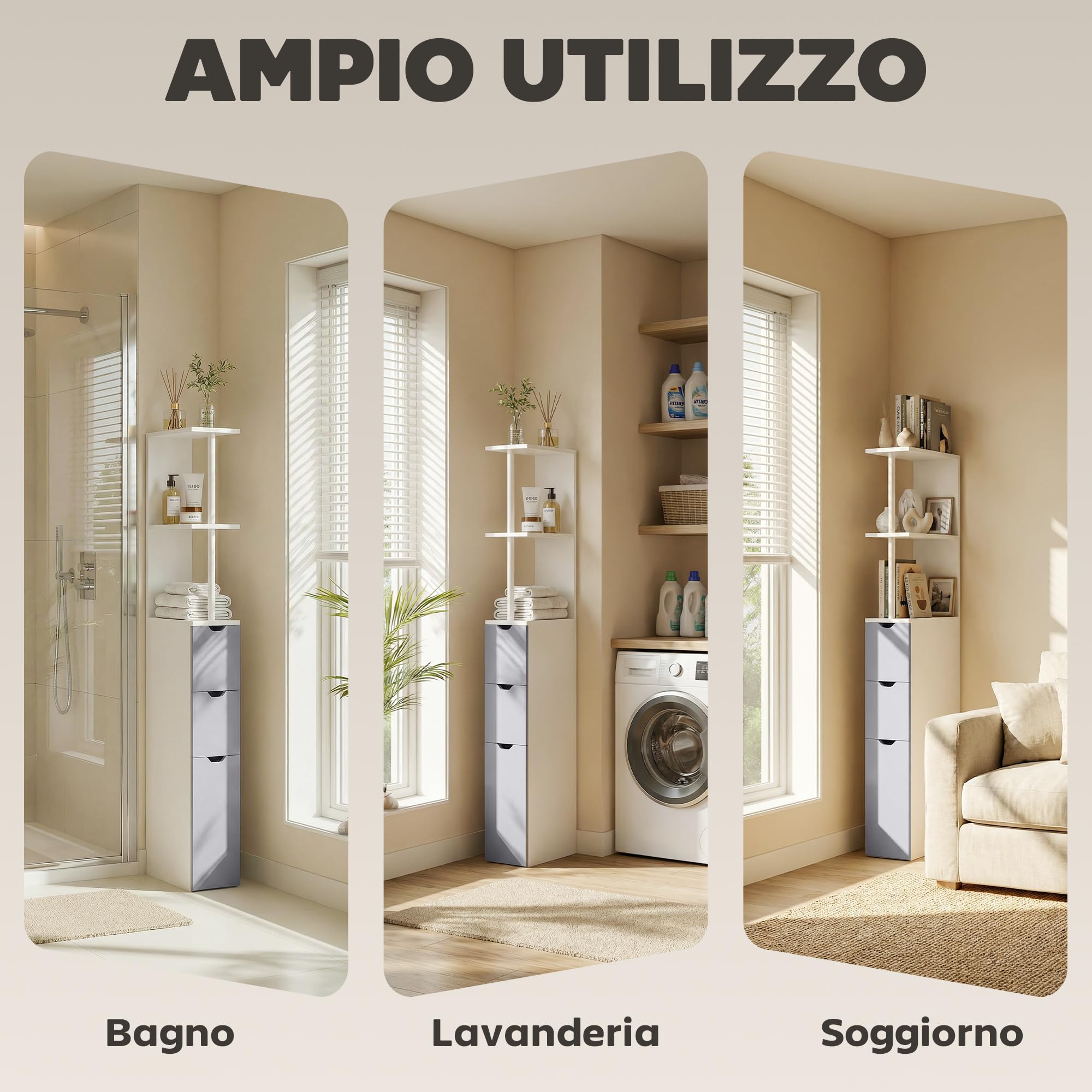 HOMCOM Colonna Bagno, Mobile Bagno Salvaspazio in Legno, Mobiletto con Armadietto, Ripiani e Cassetti, 15x33x136.8 cm, Grigio Chiaro