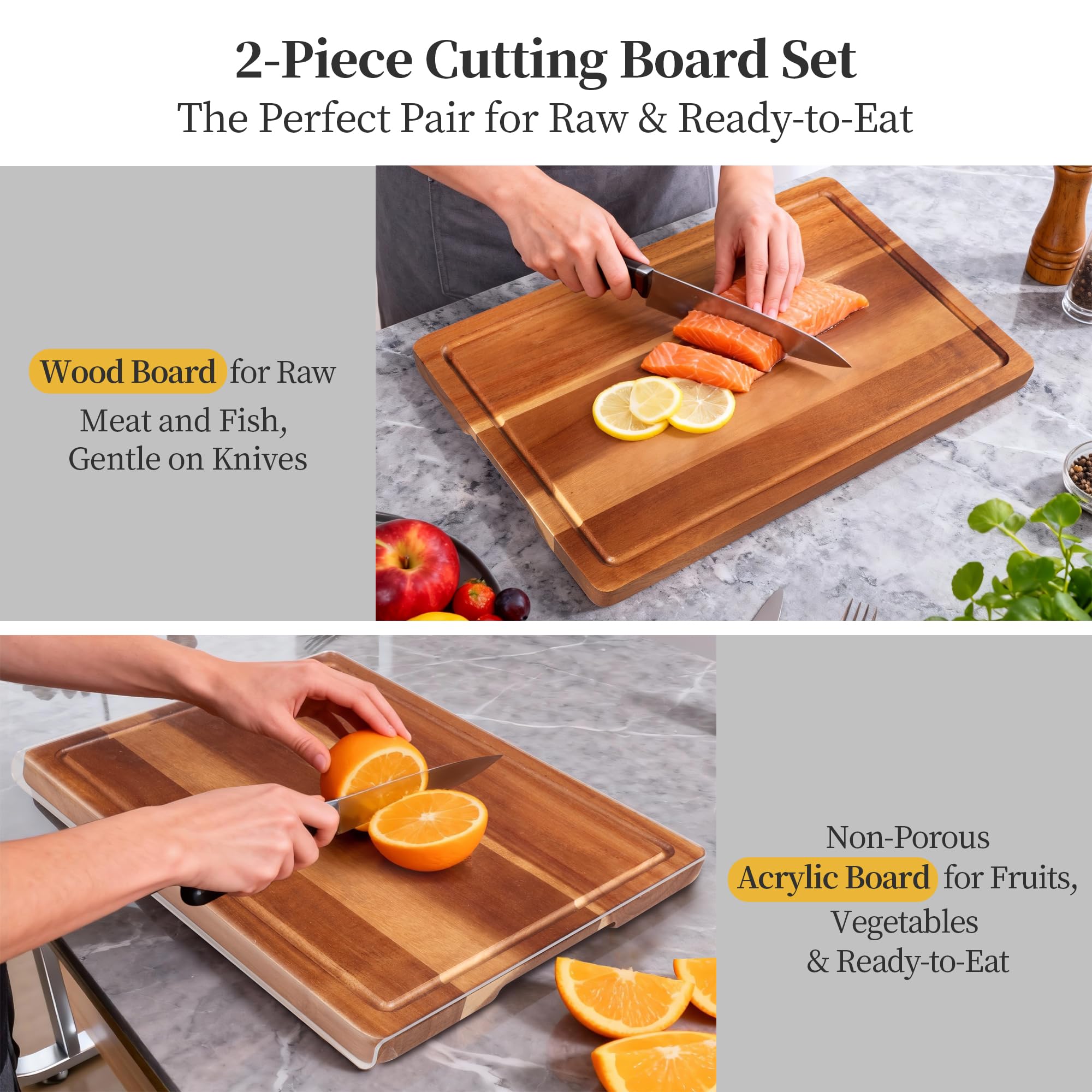 WILLKOMMEN Set de Plancha de Corte de Madera, 2PCS de Acacia Plancha de Corte de Madera de Acacia Para La Cocina Y AcríLico Plato de Verduras, de Madera Duradera Cortar Sin Esfuerzo