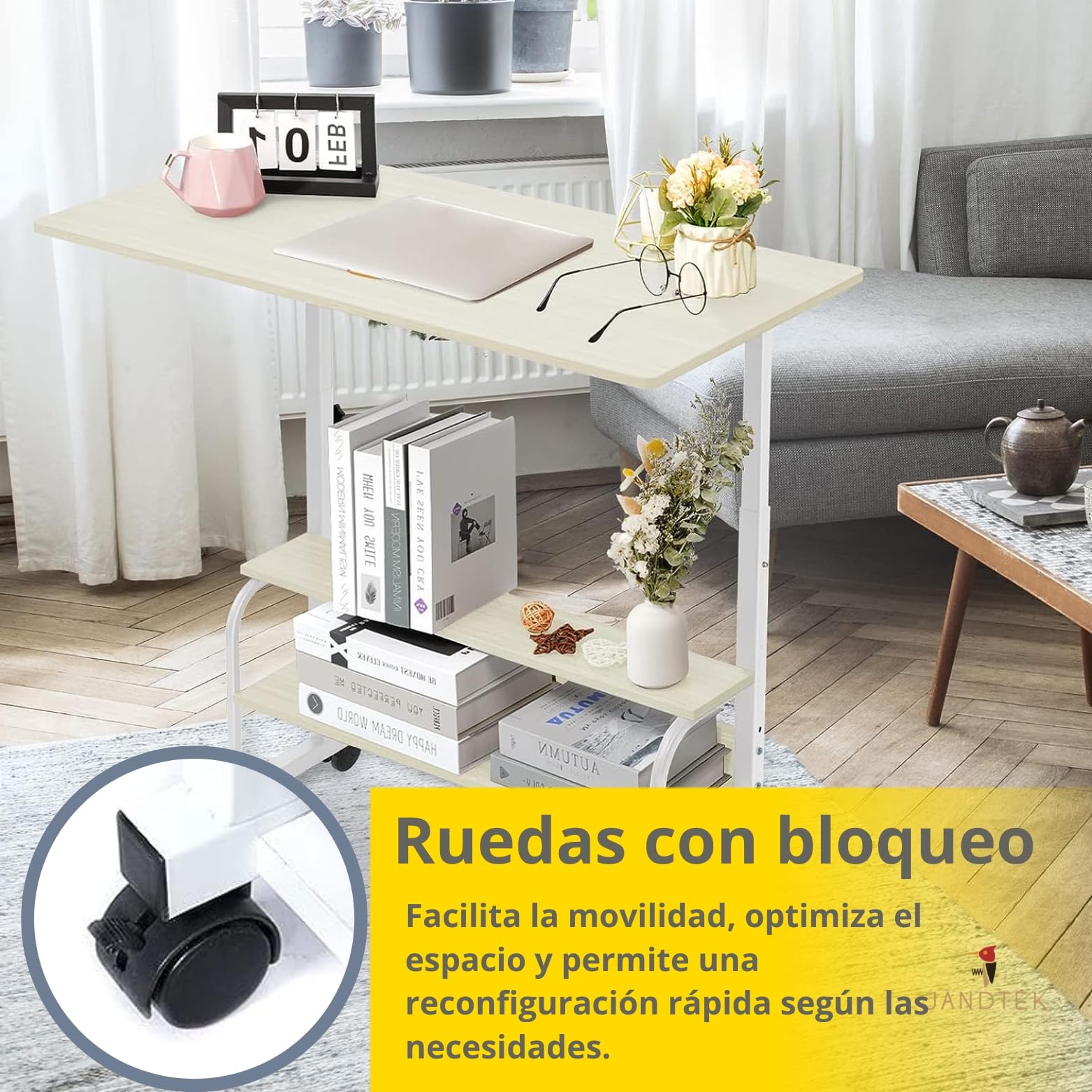 Mesa Ordenador Portátil con Ruedas y Altura Regulable – Escritorio Pequeño para Sofá, Cama y Teletrabajo – Mesa Auxiliar con Estante Inferior para Espacios Reducidos (Marron 80x40)