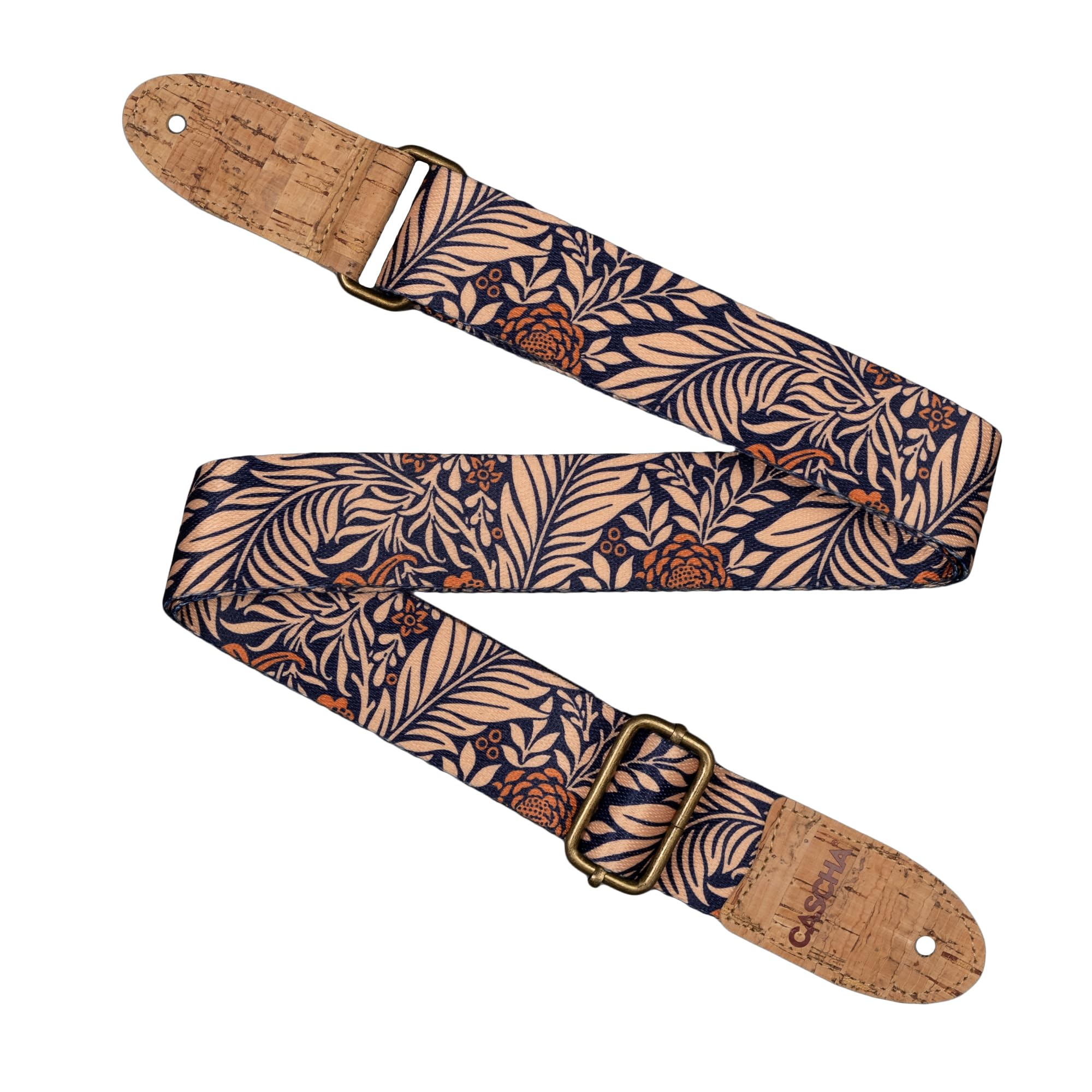 CASCHA Vegan Guitar Strap Floral Pattern with Cork Ends Adjustable Shoulder Strap for Guitar Ukulele Navy Beige