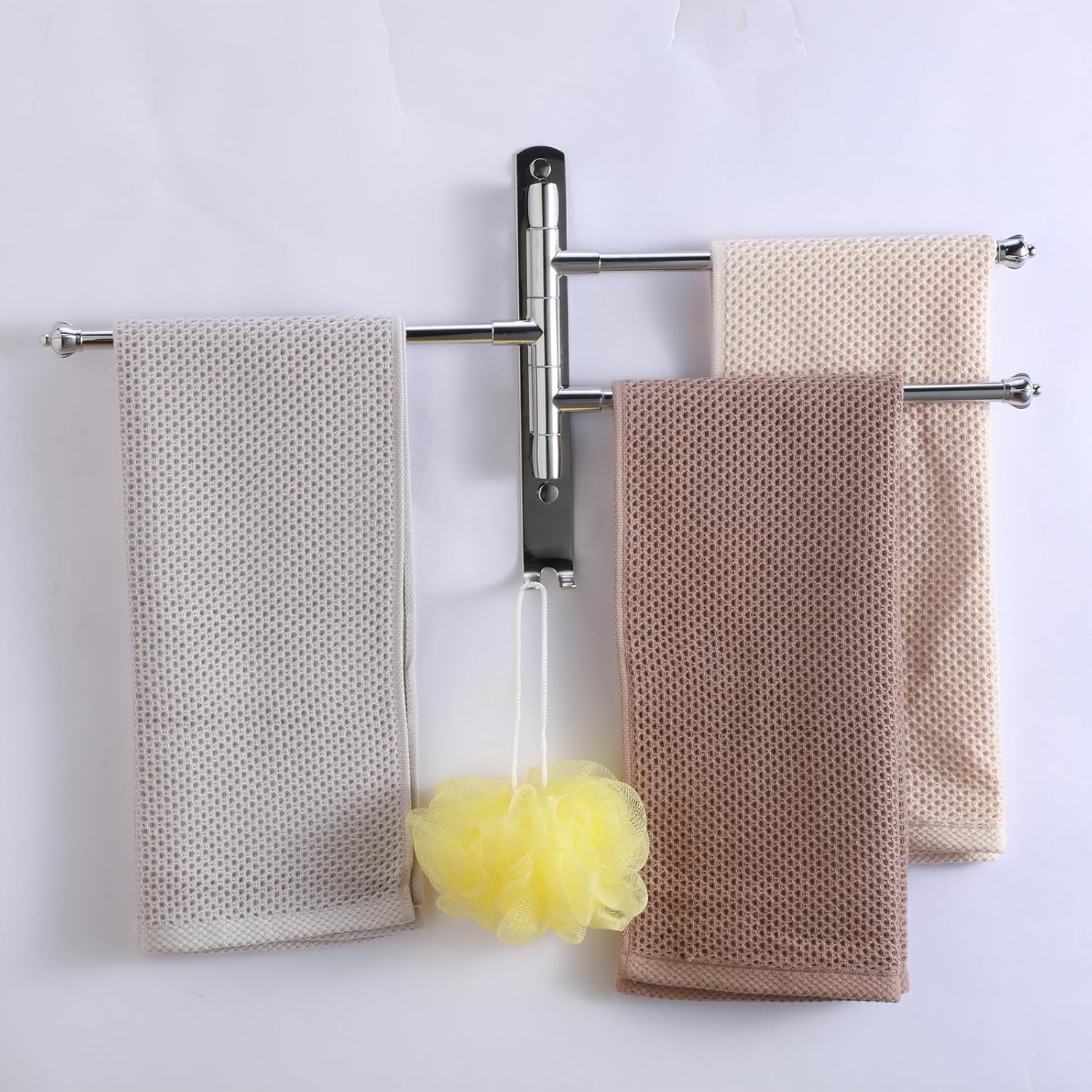 Bathroom Towel Rack Swivel Hanger Towel Bar Wall Mounted Space Saving Storage Organizer Hanging Holder 12 Inch (Stainless Steel, Bright Silver 4-Arm)