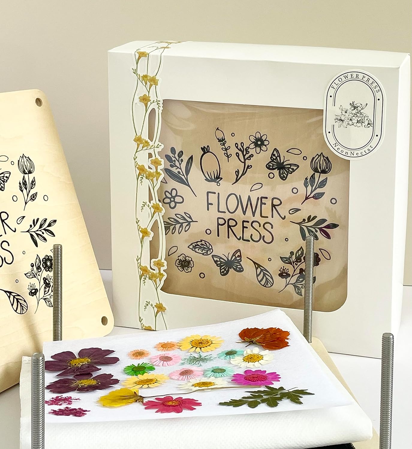 NeonNectar Portable Flower Pressing Kit,7.5x7.5 Inches Wood