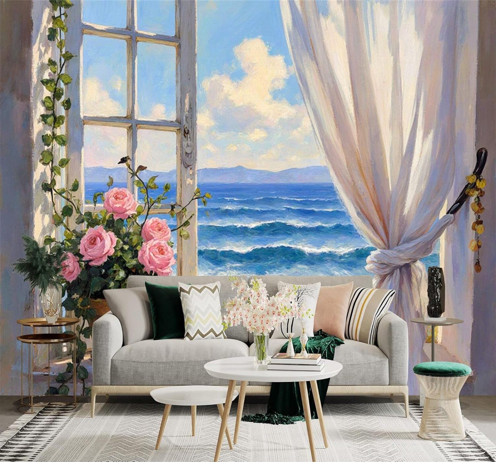 XLMING View from A Window Pink Roses Ocean Waves Bright Coastal Scenery 3D Wallpaper Premium Textured Silk Study Dining Living Room Bedroom Sofa TV Wall Easy Install-300cm×210cm
